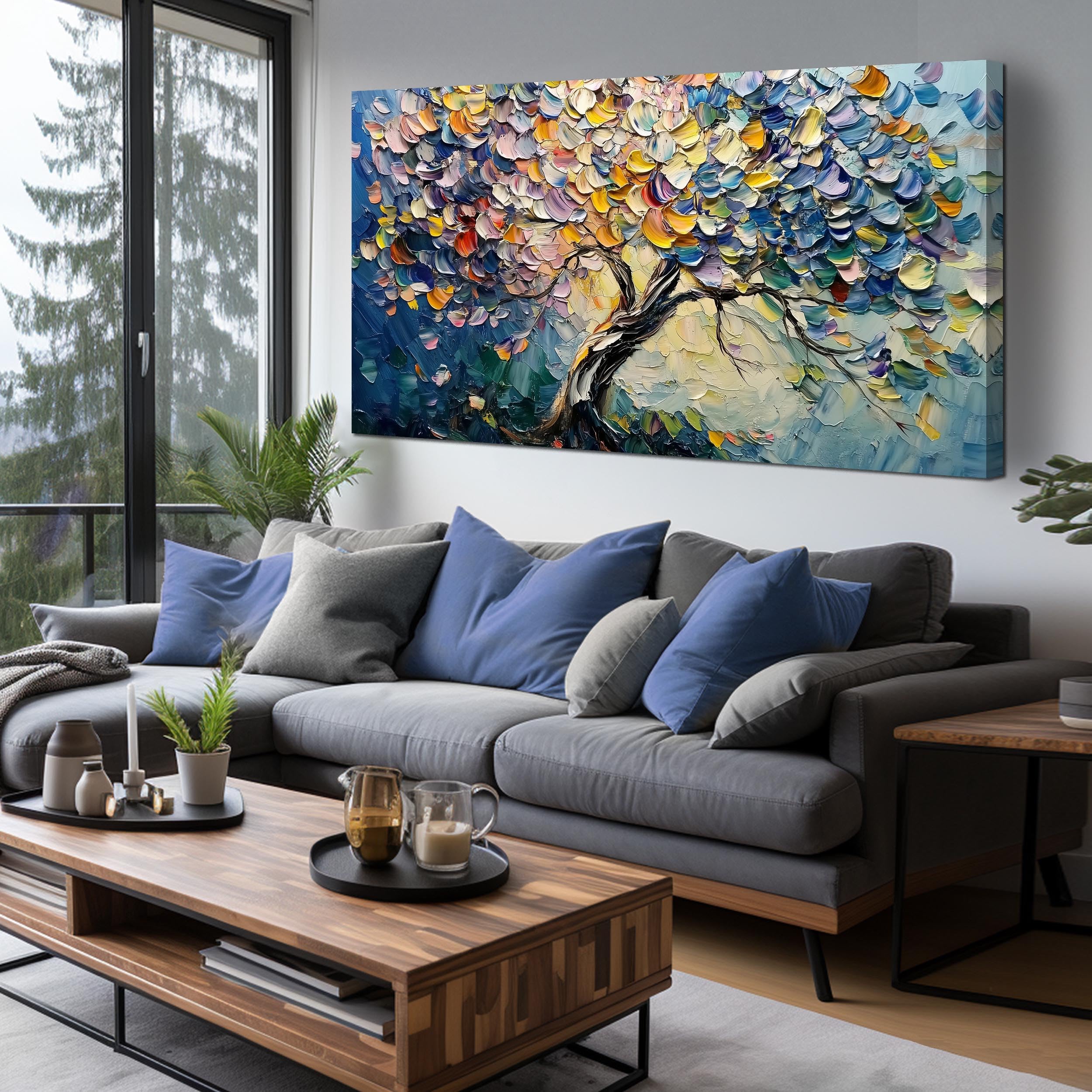Vibrant Bloom – Hand-Painted Rainbow Tree 3D Palette Knife Floral Painting | Vibrant Botanical Living Room & Dining Room Art