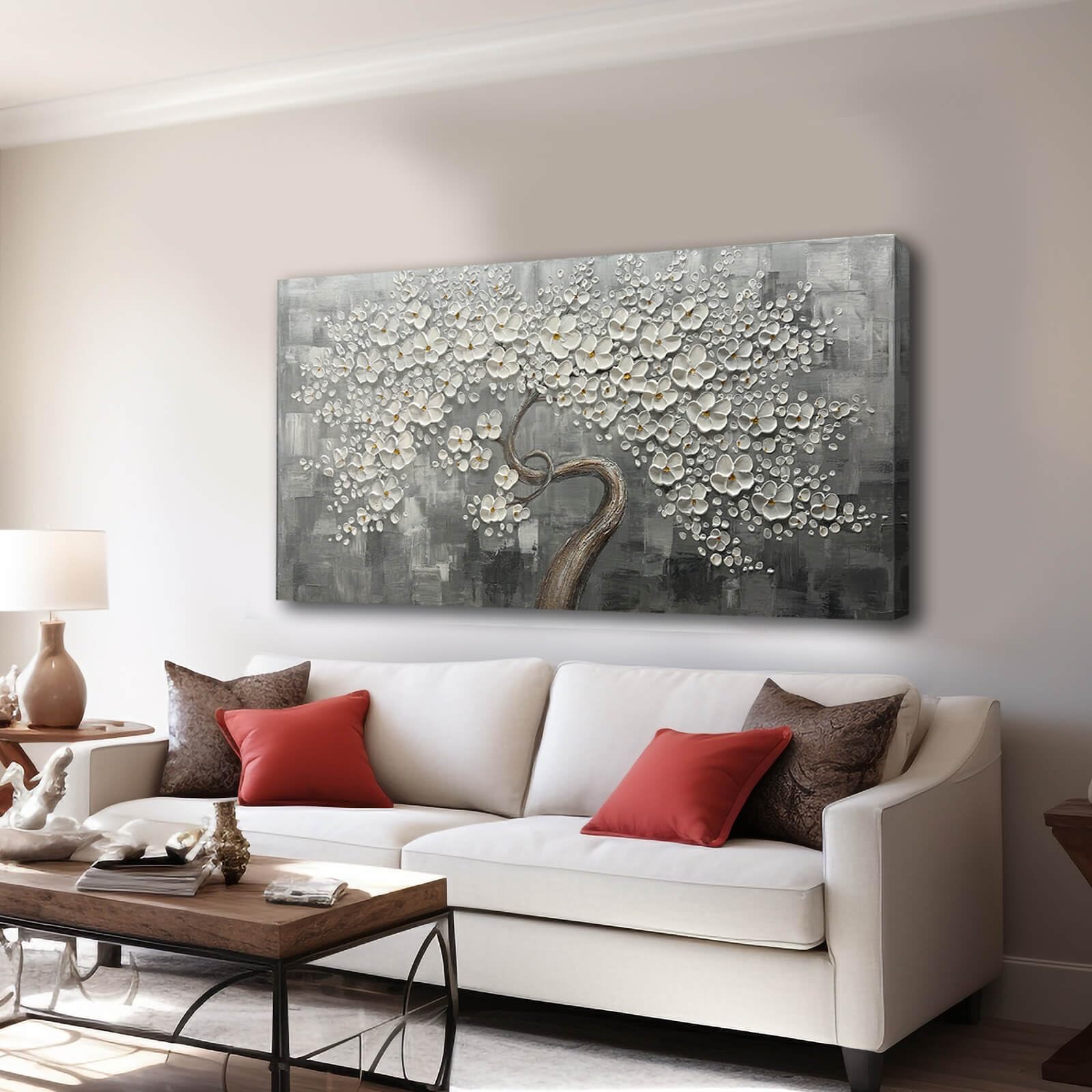 Silver Blossom – Hand-Painted White Tree 3D Relief Heavy Texture Plaster Floral Painting | Contemporary Botanical Bedroom & Living Room Art
