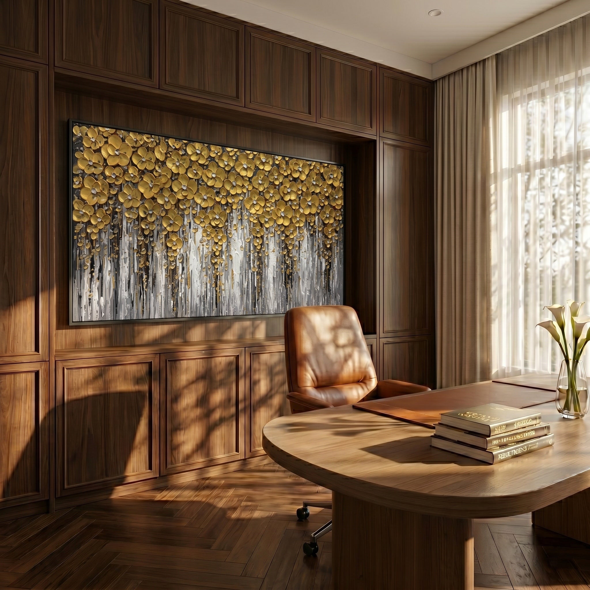 Golden Symphony – Modern 3D Relief Floral Oil Painting | Luxury Heavy Impasto Living Room Art