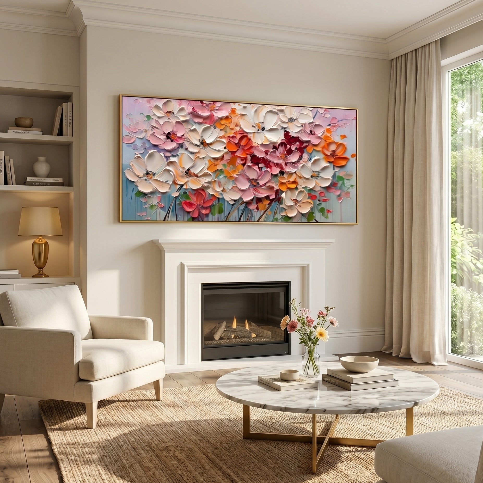 Petals in Poetry – Modern Impasto Floral Oil Painting | Textured Creamy Style Living Room Art