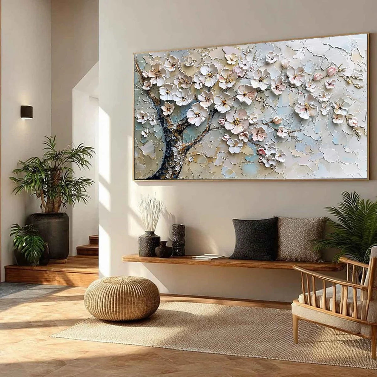 Alabaster Bloom – Hand-Painted White Blossom 3D Relief Palette Knife Floral Painting | Contemporary Botanical Bedroom & Living Room Art