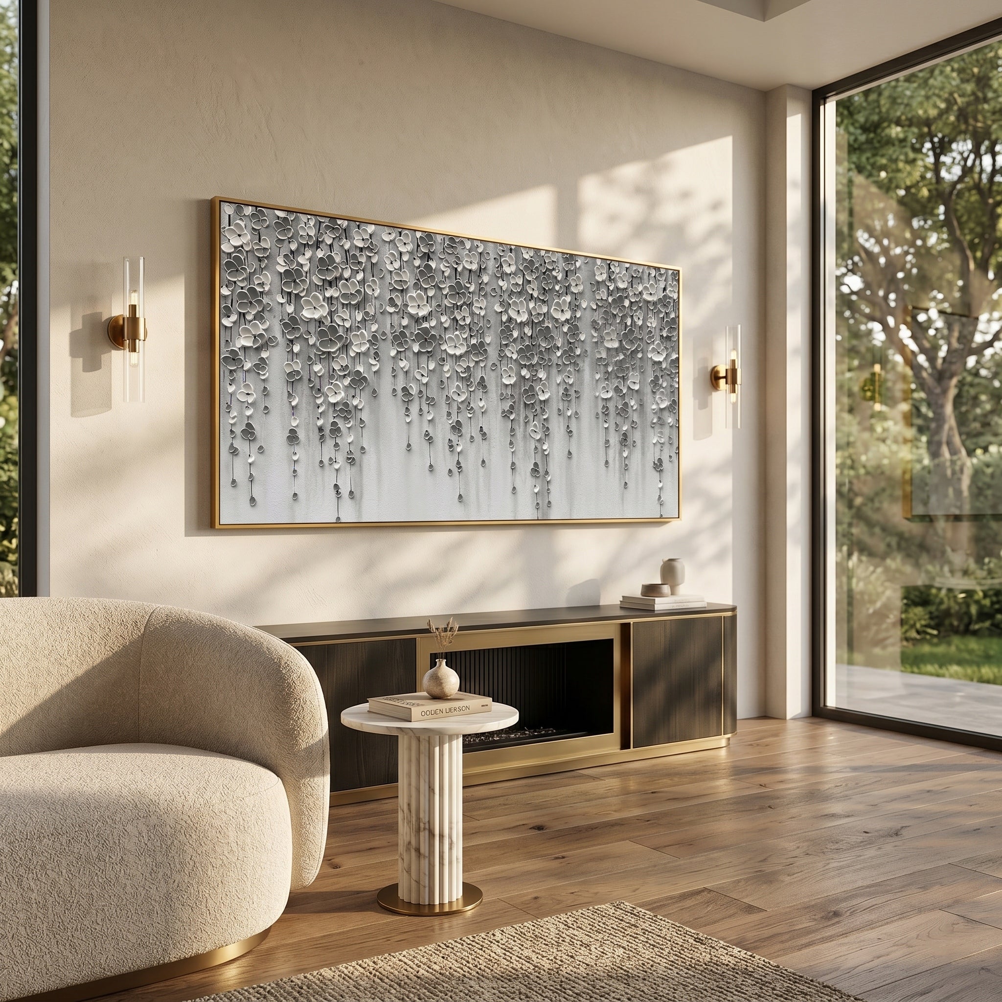 Whispering Shadows – Modern Minimalist Monochrome Oil Painting | Impasto Cascading Petal Living Room Art