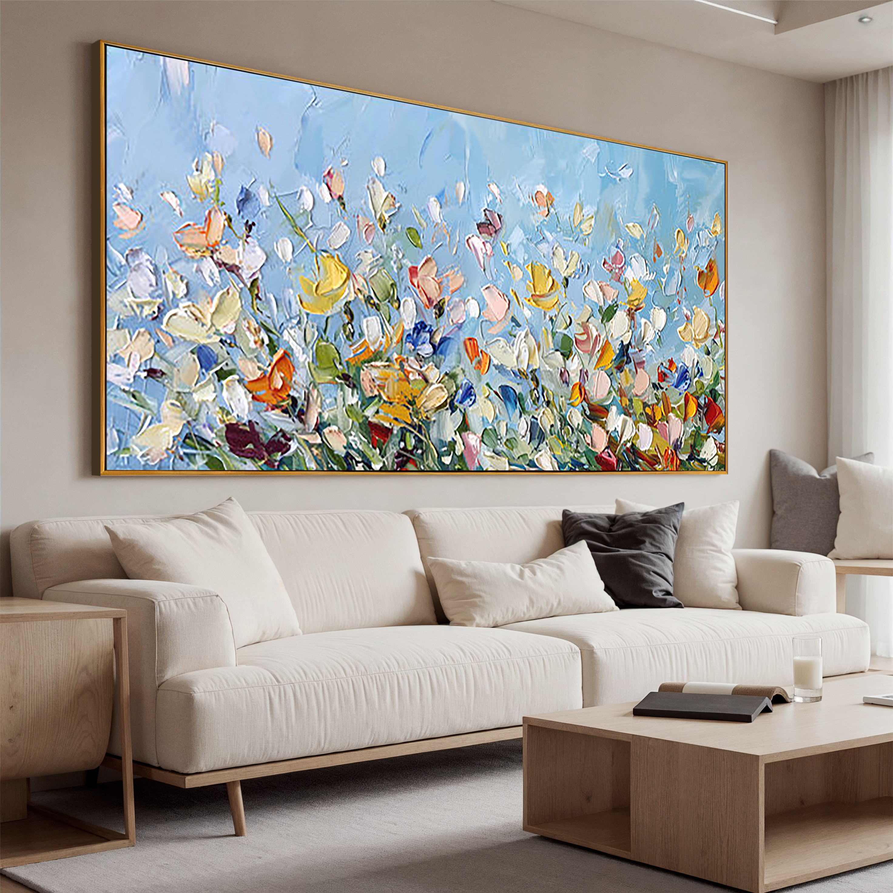 Azure Meadow – Hand-Painted Wildflower Field Impressionist Palette Knife Floral Painting | Contemporary Botanical Bedroom & Living Room Art