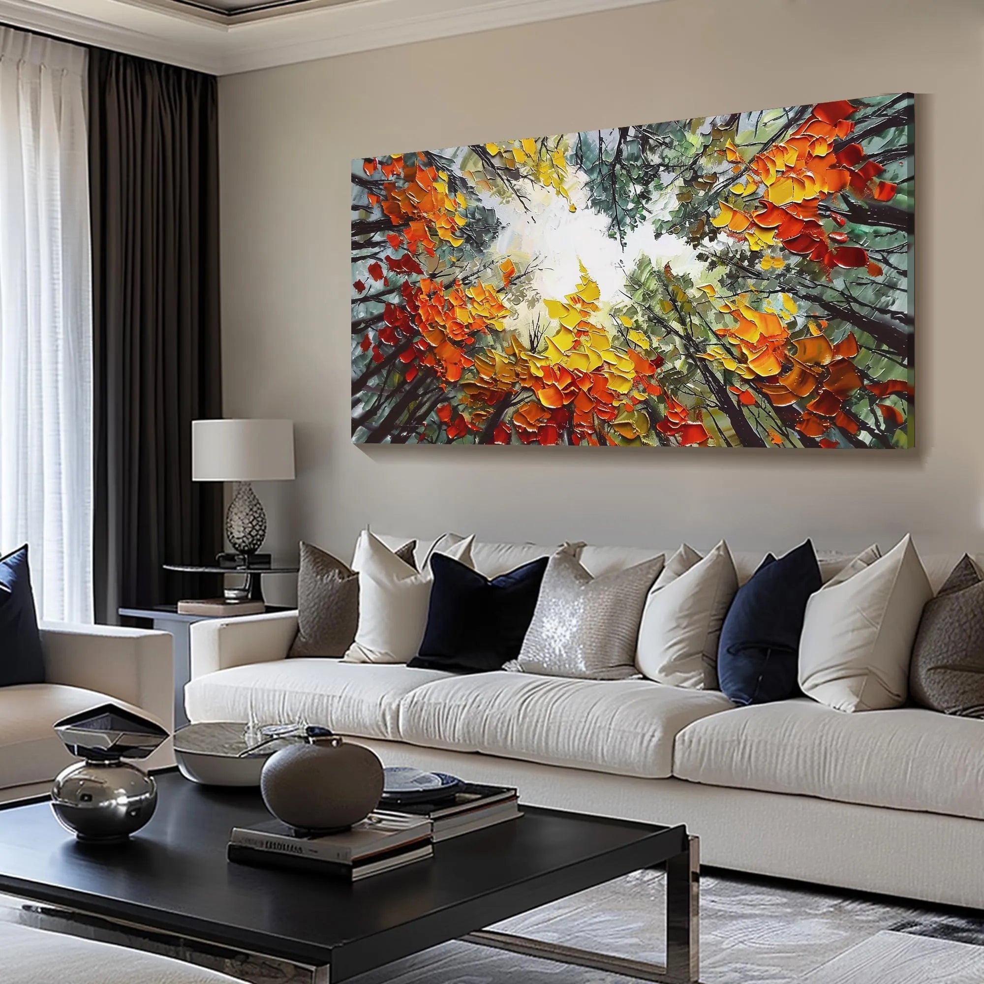Autumn Canopy – Hand-Painted Worm's-Eye View Autumn Tree Leaves Palette Knife Forest Painting | Contemporary Landscape Living Room & Dining Room Art
