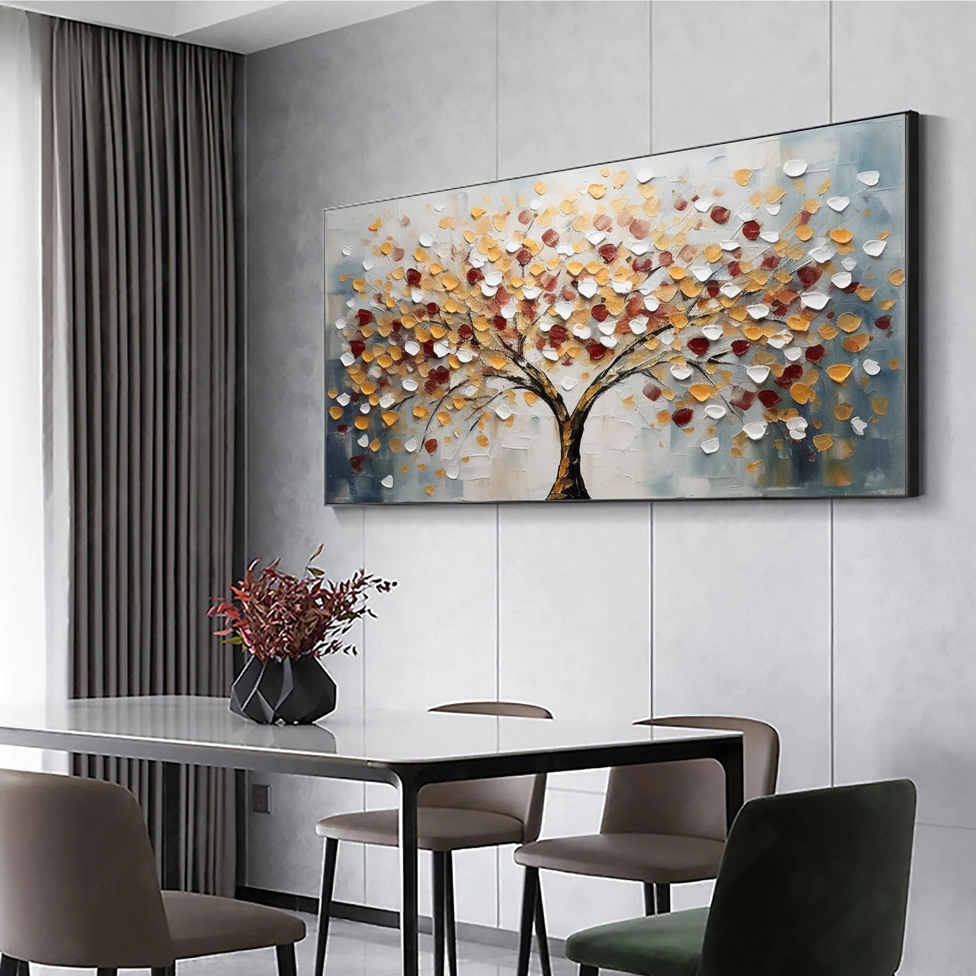 Amber Canopy – Hand-Painted Red and Gold Leaf Money Tree Tree Painting | Modern Luxury Metallic Living Room & Hotel Art