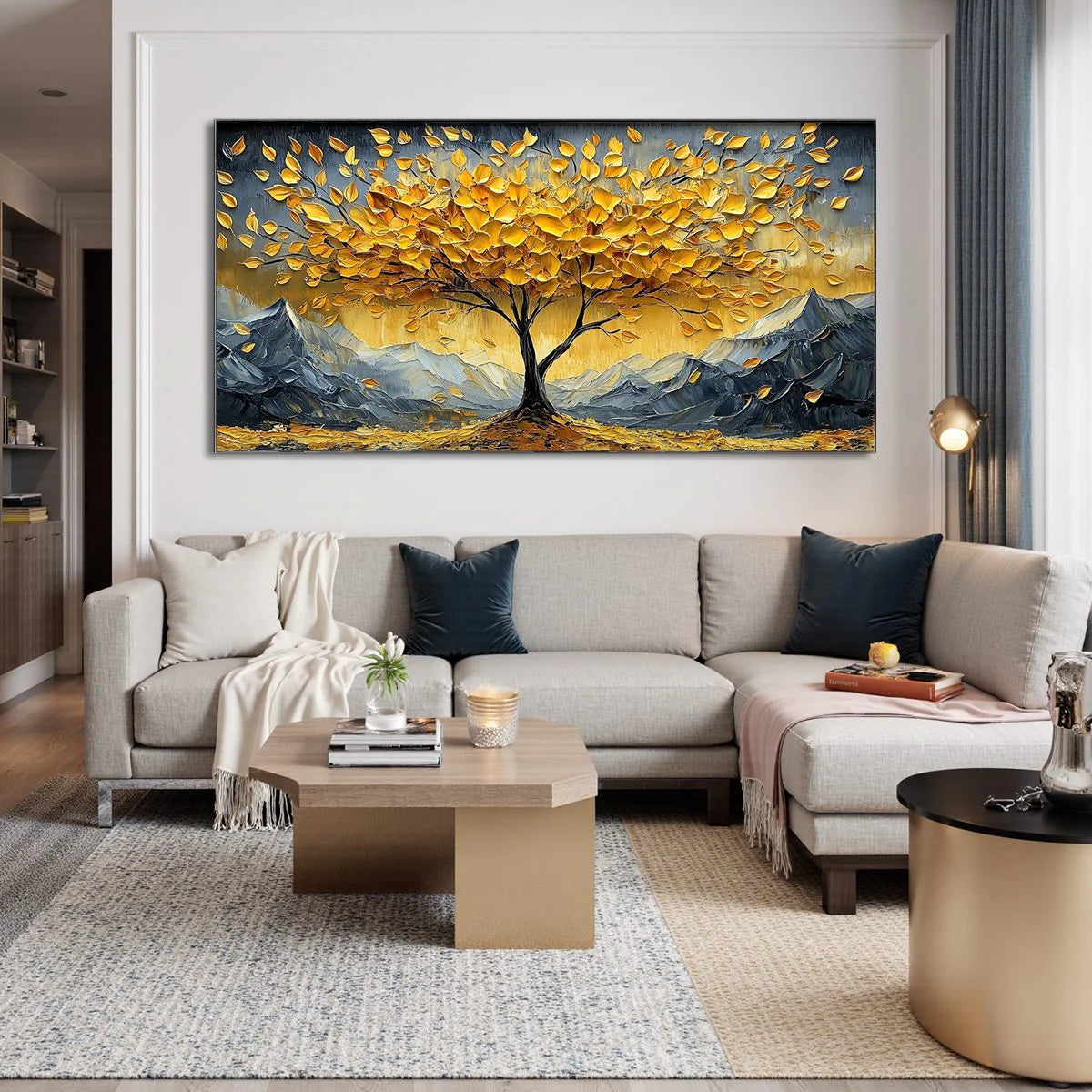 Summit of Gold – Modern Luxury Mountain Tree Oil Painting | Impasto Prosperity Living Room Art