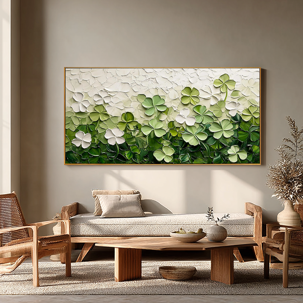 Lucky Meadow – Hand-Painted Green Clover Field Palette Knife Layered Floral Painting | Tropical Botanical Bedroom & Dining Room Art