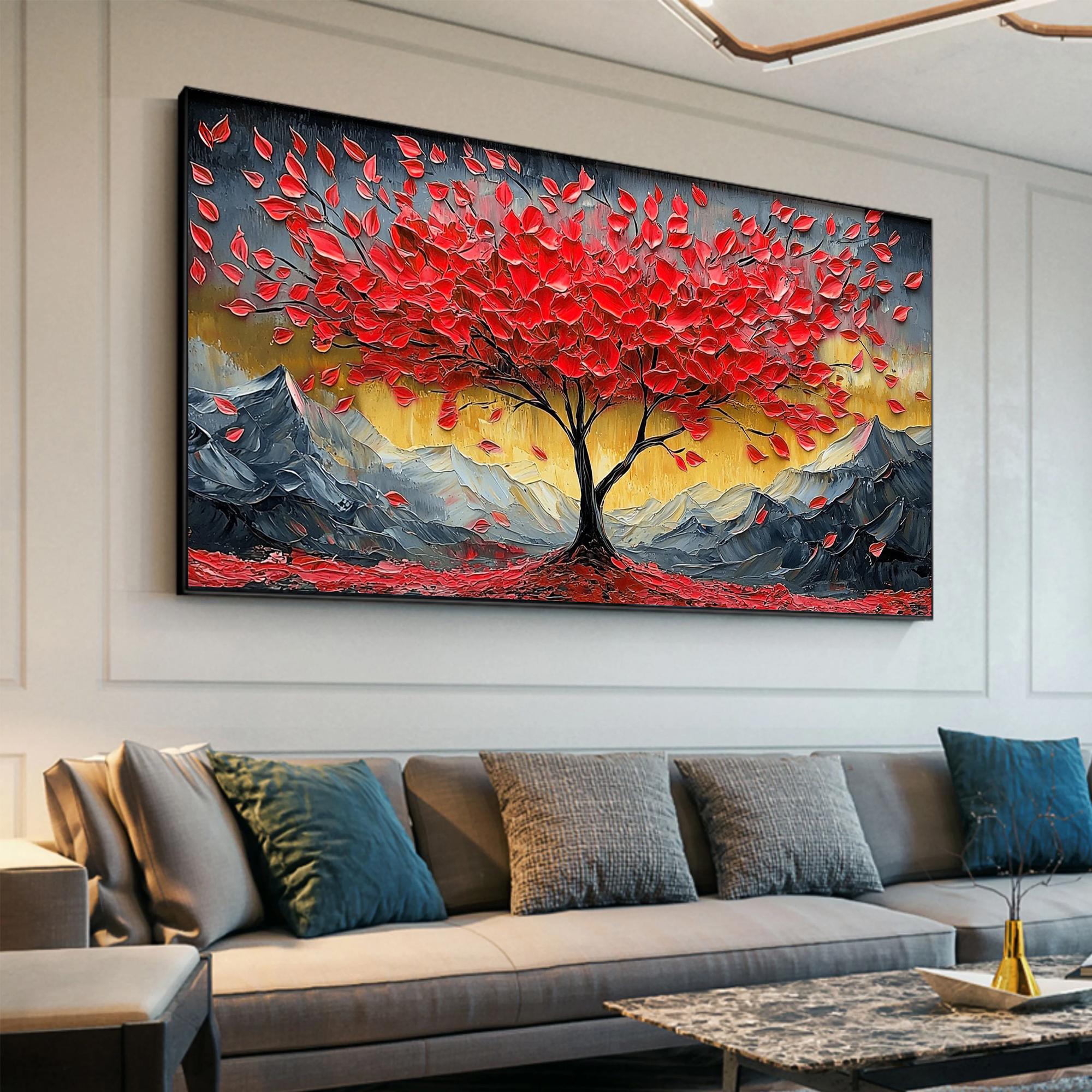 Crimson Peak – Hand-Painted Red Leaf Money Tree Snow Mountain Palette Knife Oil Tree Painting | Contemporary Mountain Living Room & Home Office Art