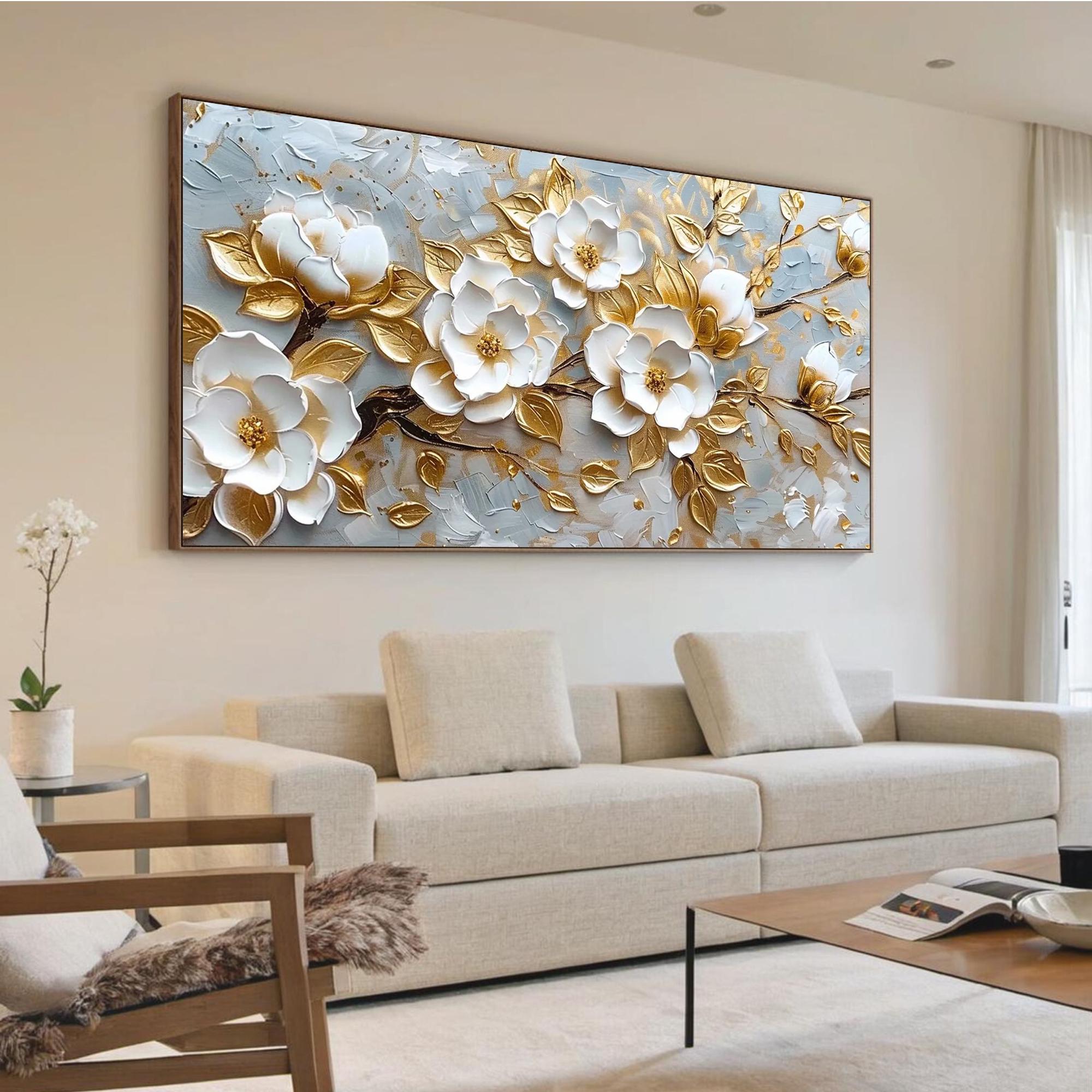 Golden Bloom – Luxury Gold Foil White Flower 3D Relief Floral Painting | Modern Luxury Botanical Bedroom & Living Room Art