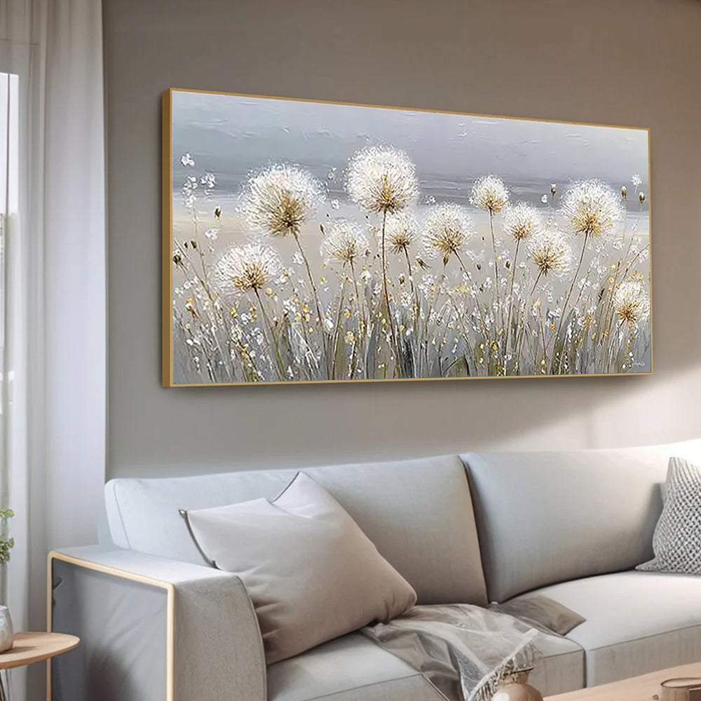 Wishful Fields – Hand-Painted White Dandelion Impressionist Floral Painting | Contemporary Botanical Bedroom & Living Room Art