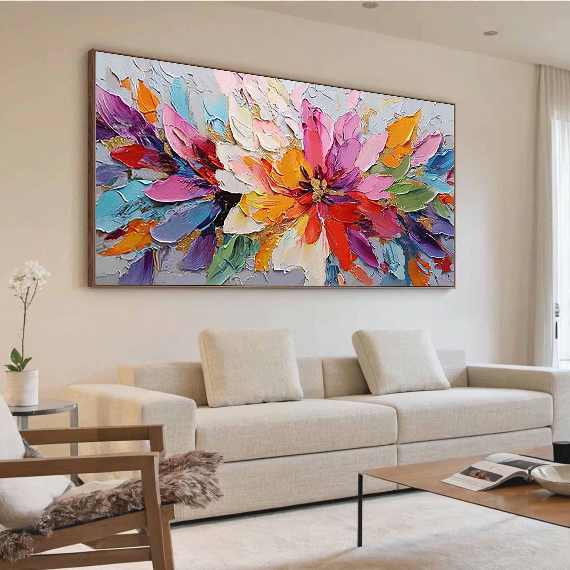 Vibrant Eruption – Modern Abstract Expressionist Oil Painting | Impasto Floral Texture Living Room Art