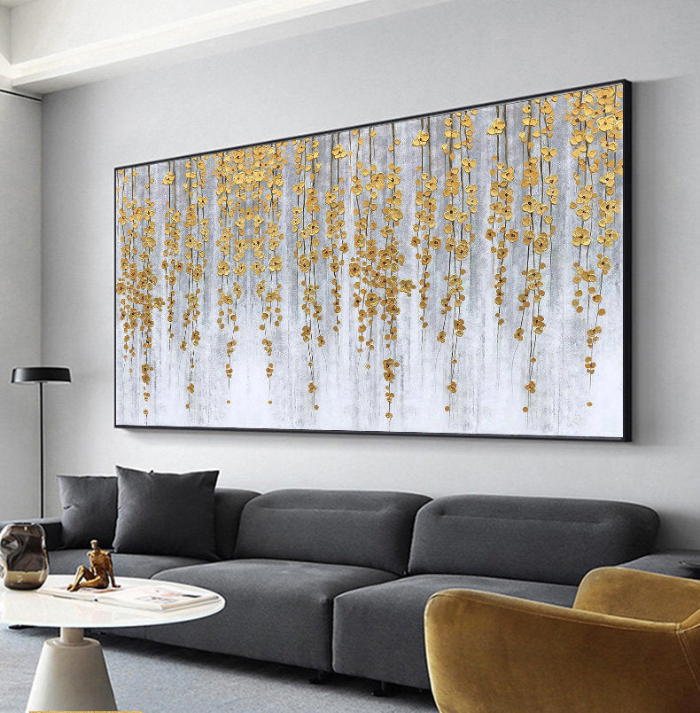Golden Cascade – Luxury Gold Foil Hanging Vine Style Hand-Painted Floral Painting | Modern Luxury Botanical Bedroom & Living Room Art