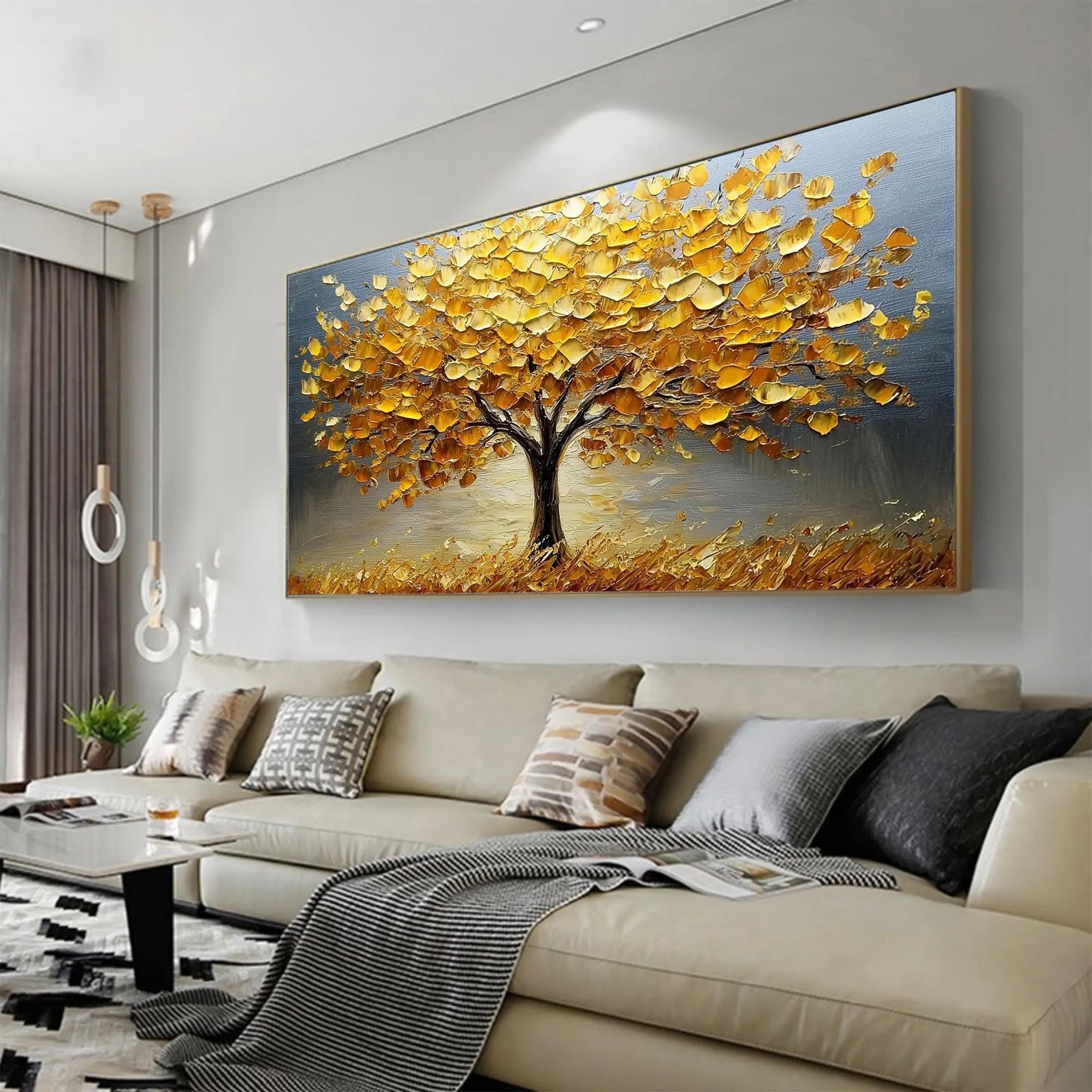 Golden Abundance – Hand-Painted Impasto Yellow Leaf Tree Painting | Modern Luxury Metallic Living Room & Hotel Art