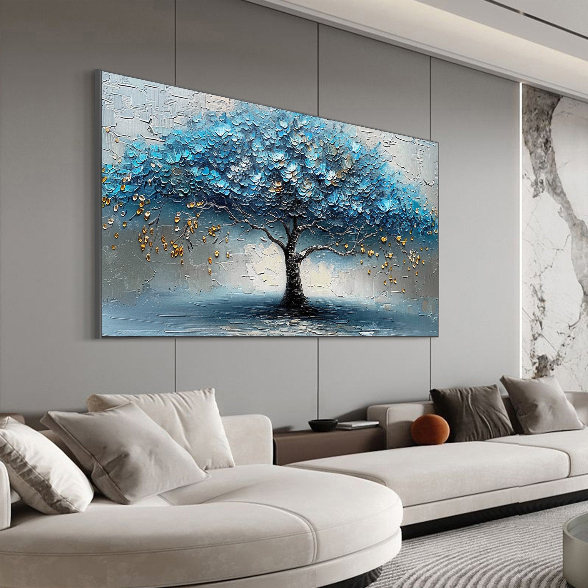 Azure Canopy – Hand-Painted Blue and Grey Palette Knife Heavy Texture Canvas Oil Tree Painting | Modern Abstract Living Room & Office Art