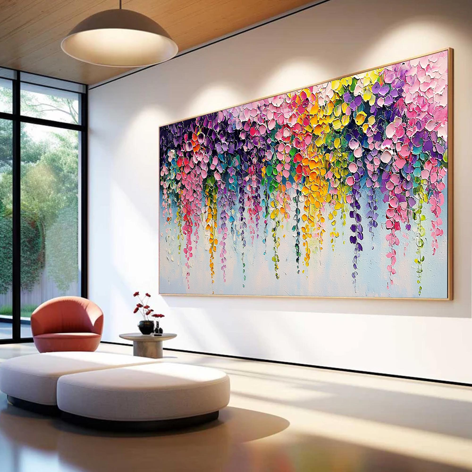 Neon Dreamscape – Modern Impasto Cascading Flower Oil Painting | Vibrant Floral Living Room Art