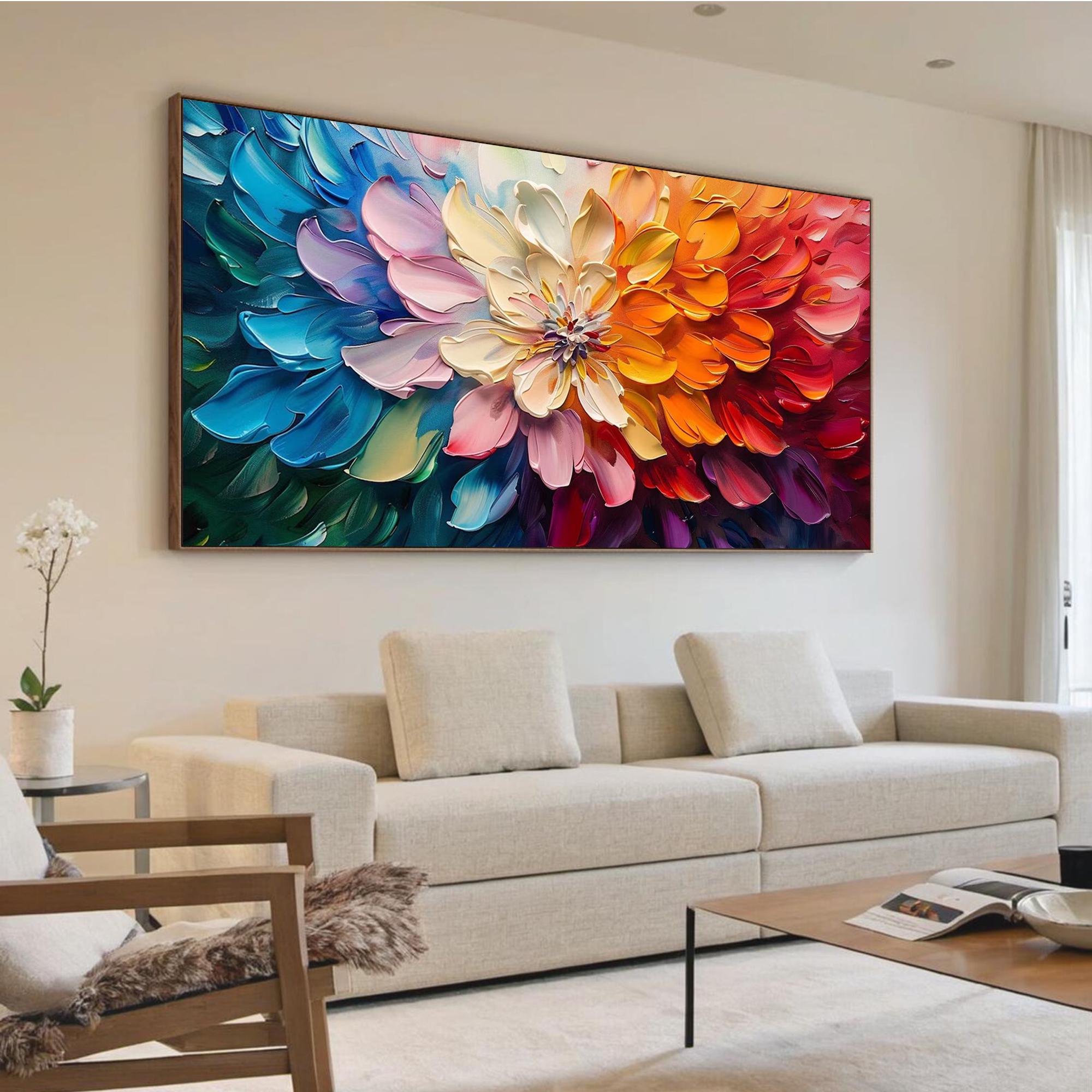 Spectrum Bloom – Hand-Painted Multicolored 3D Impasto Flower Heavy Texture Oil Floral Painting | Vibrant Botanical Living Room & Dining Room Art