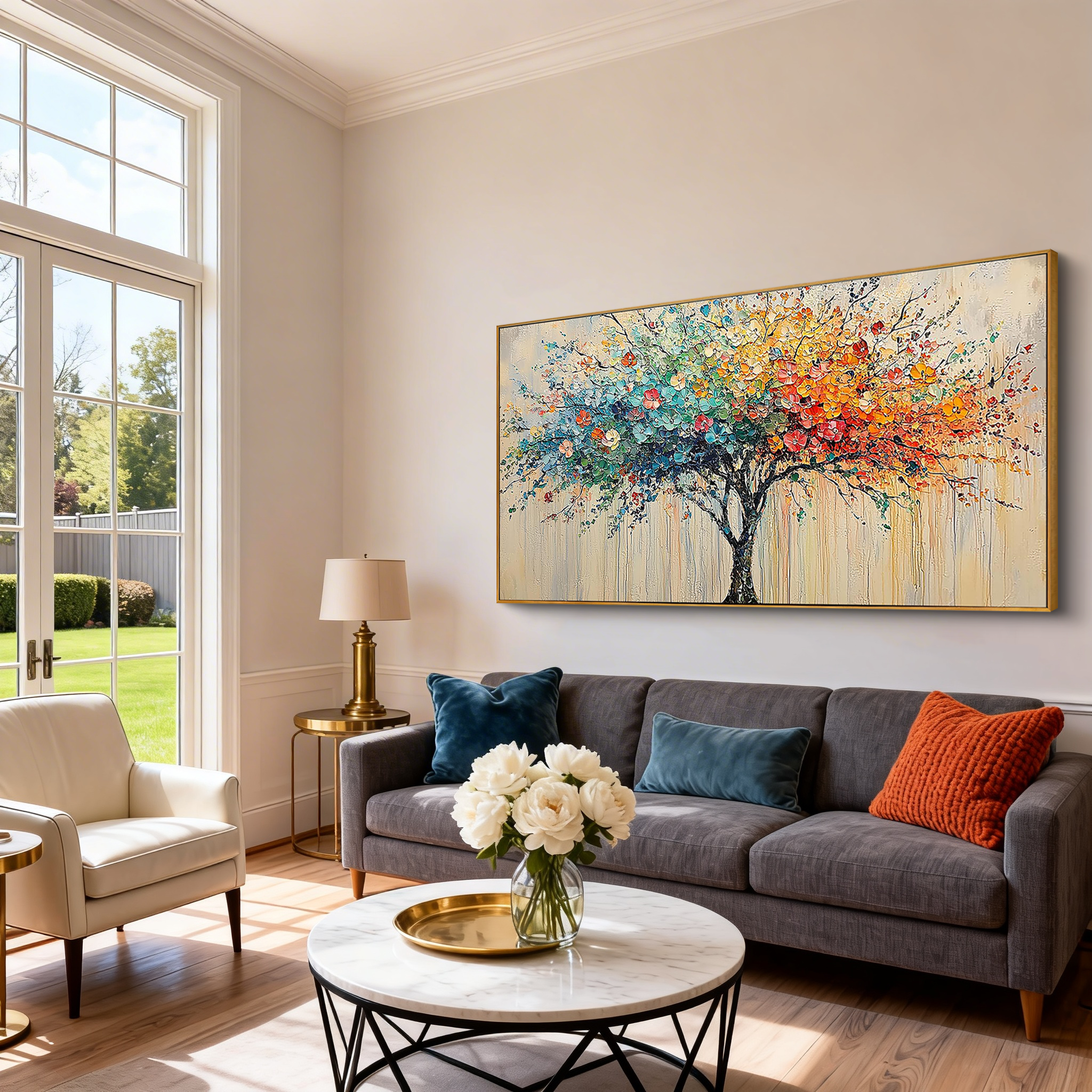 Colorful Harmony – Vibrant Dot-style Landscape Panoramic Painting | Contemporary Landscape Living Room & Dining Room Art