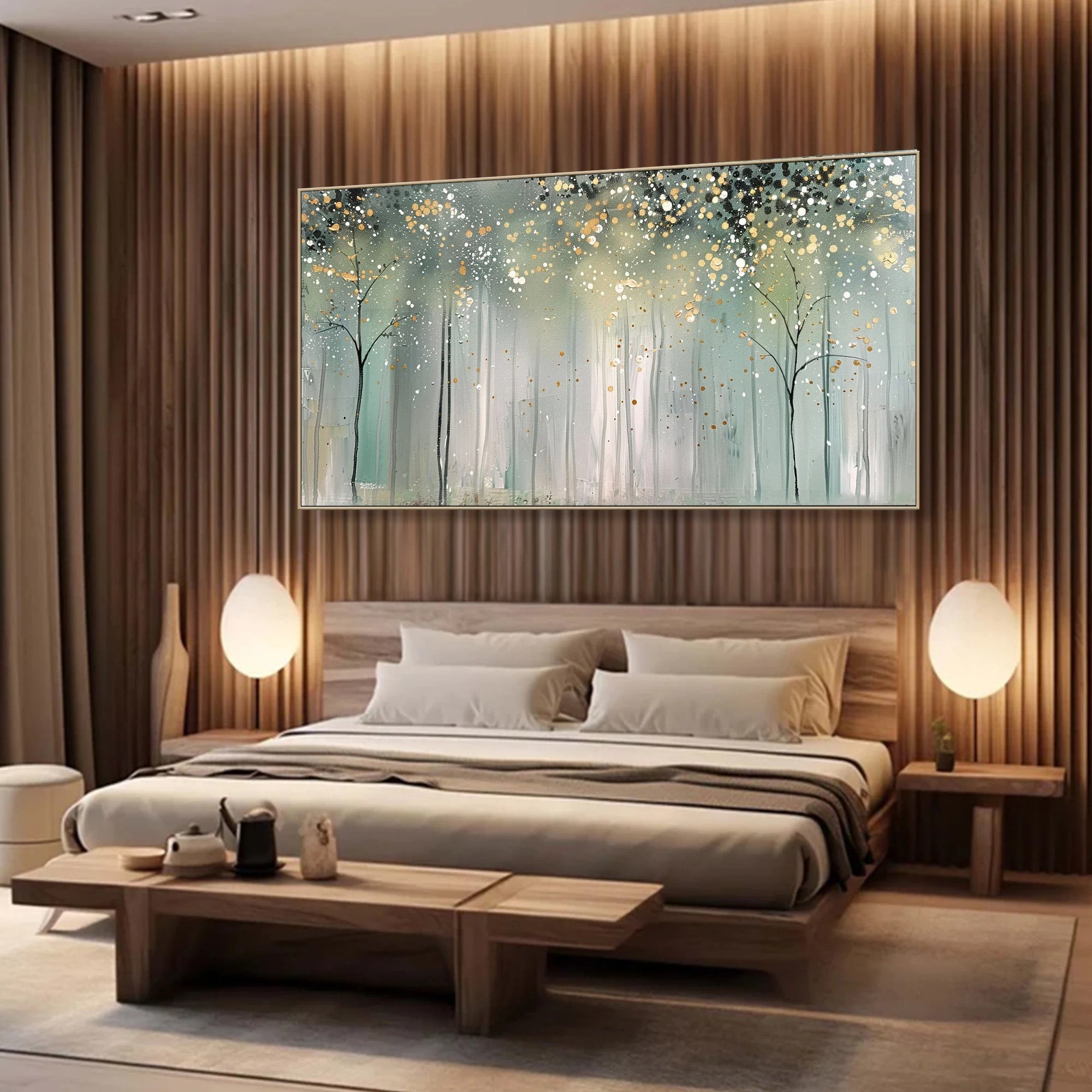 Stardust Forest – Hand-Painted Abstract Gold Pointilism Forest Scene Landscape Painting | Contemporary Landscape Living Room & Dining Room Art