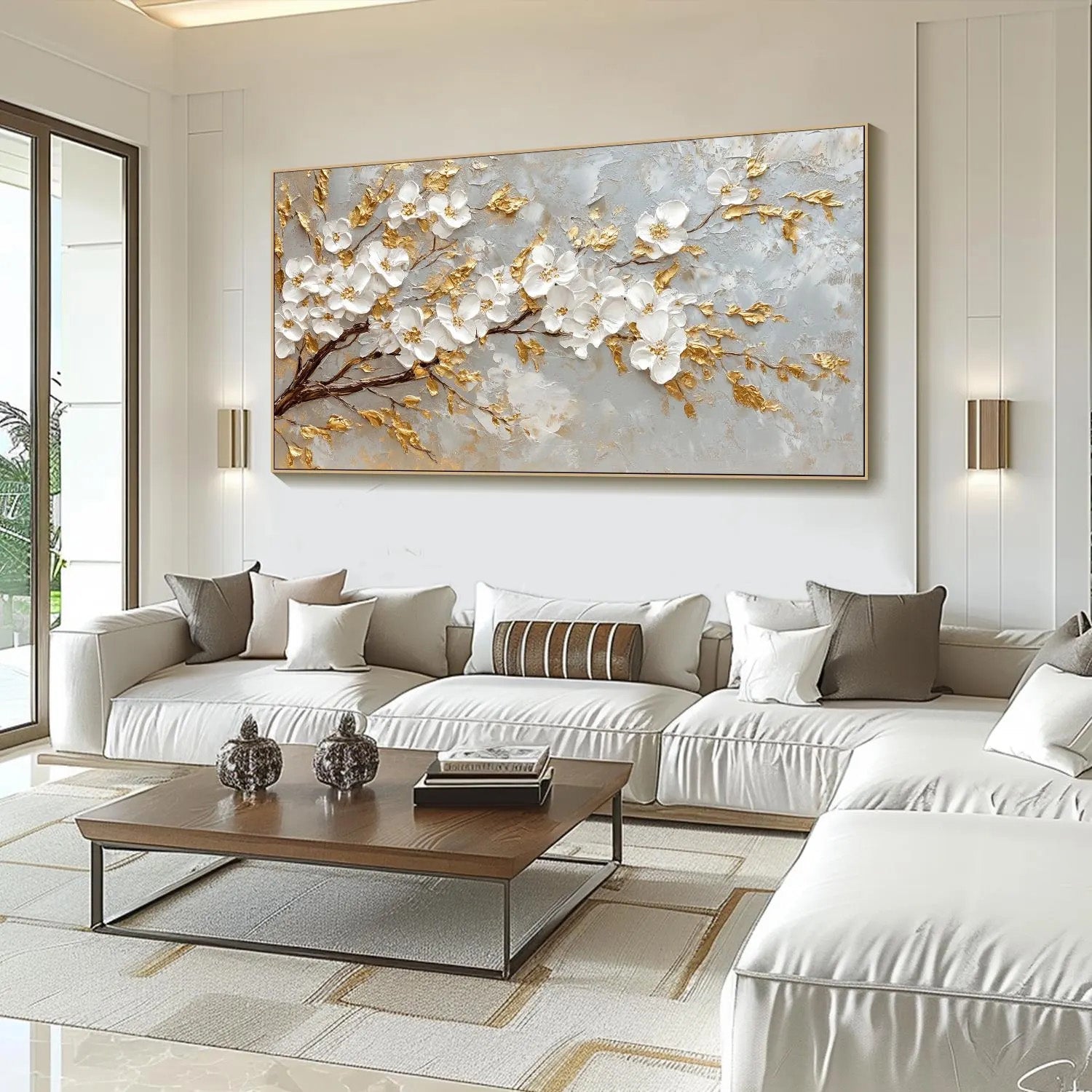 Golden Orchard – 3D Impasto White Cherry Blossom Hand-Painted Floral Painting | Modern Luxury Botanical Bedroom & Living Room Art