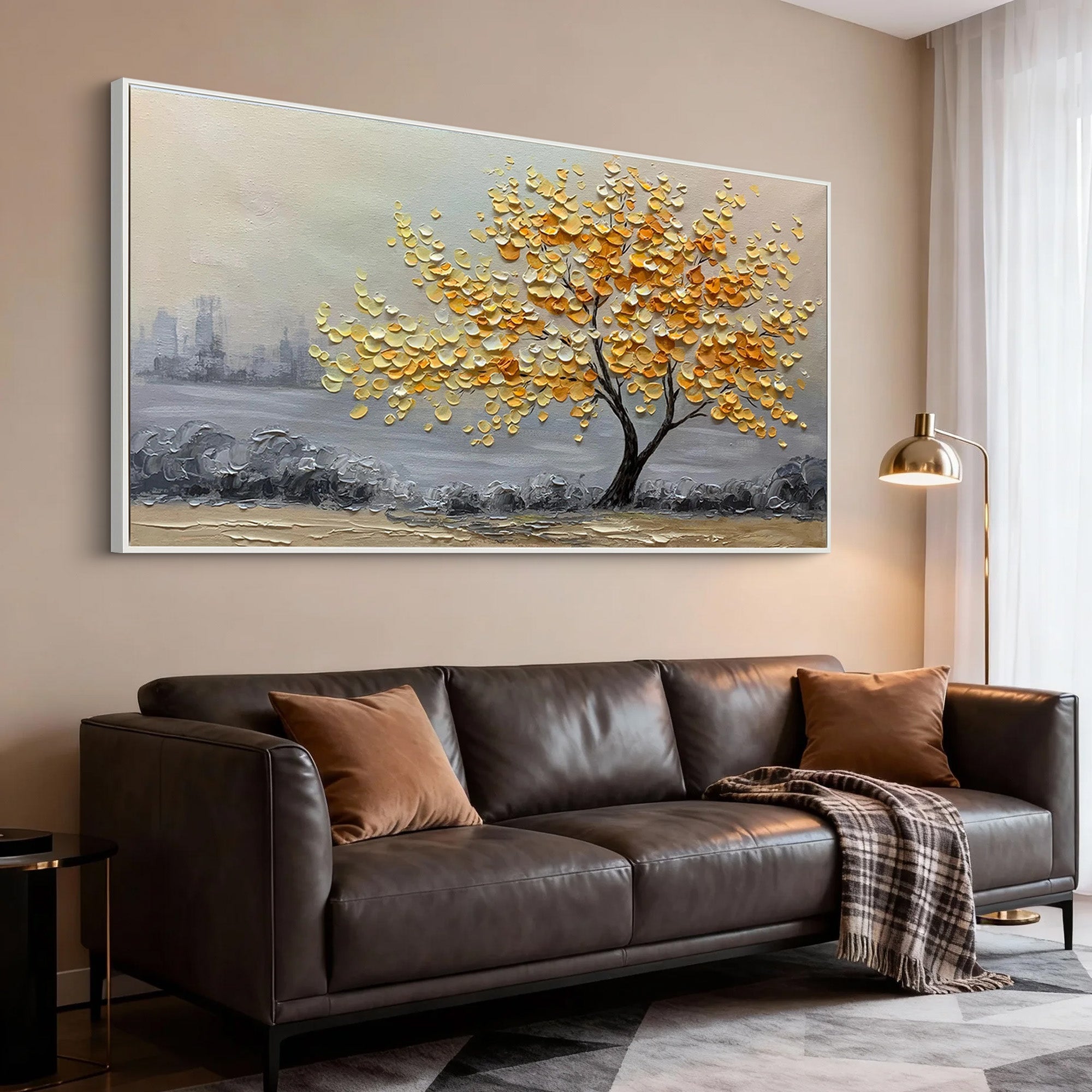 Golden Harvest – 3D Heavy Texture Yellow Flower Hand-Painted Landscape Oil Tree Painting | Modern Luxury Botanical Bedroom & Living Room Art