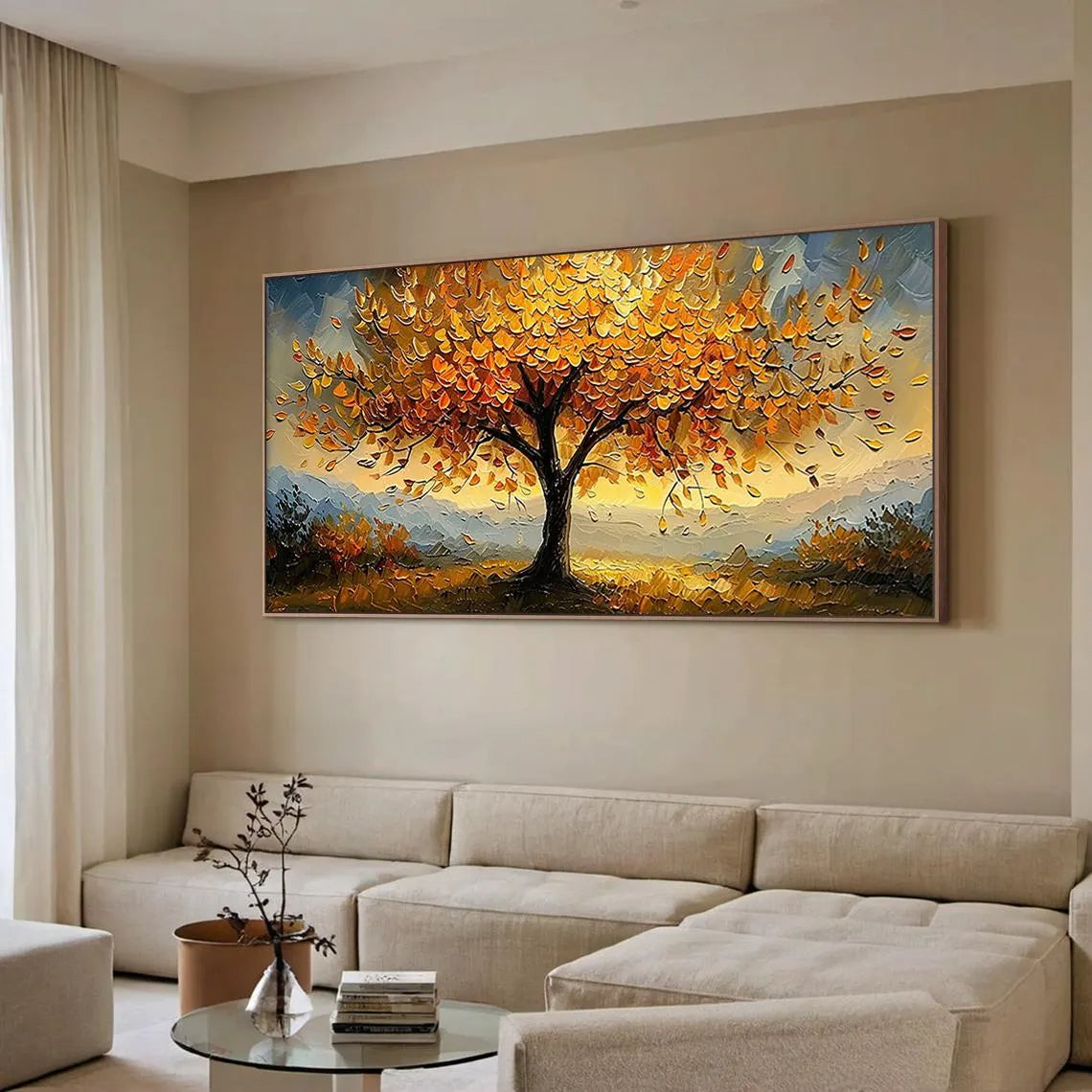 Golden Anthem – Modern Hand-Painted Impasto Oil Painting | Textured Tree of Life Living Room Art