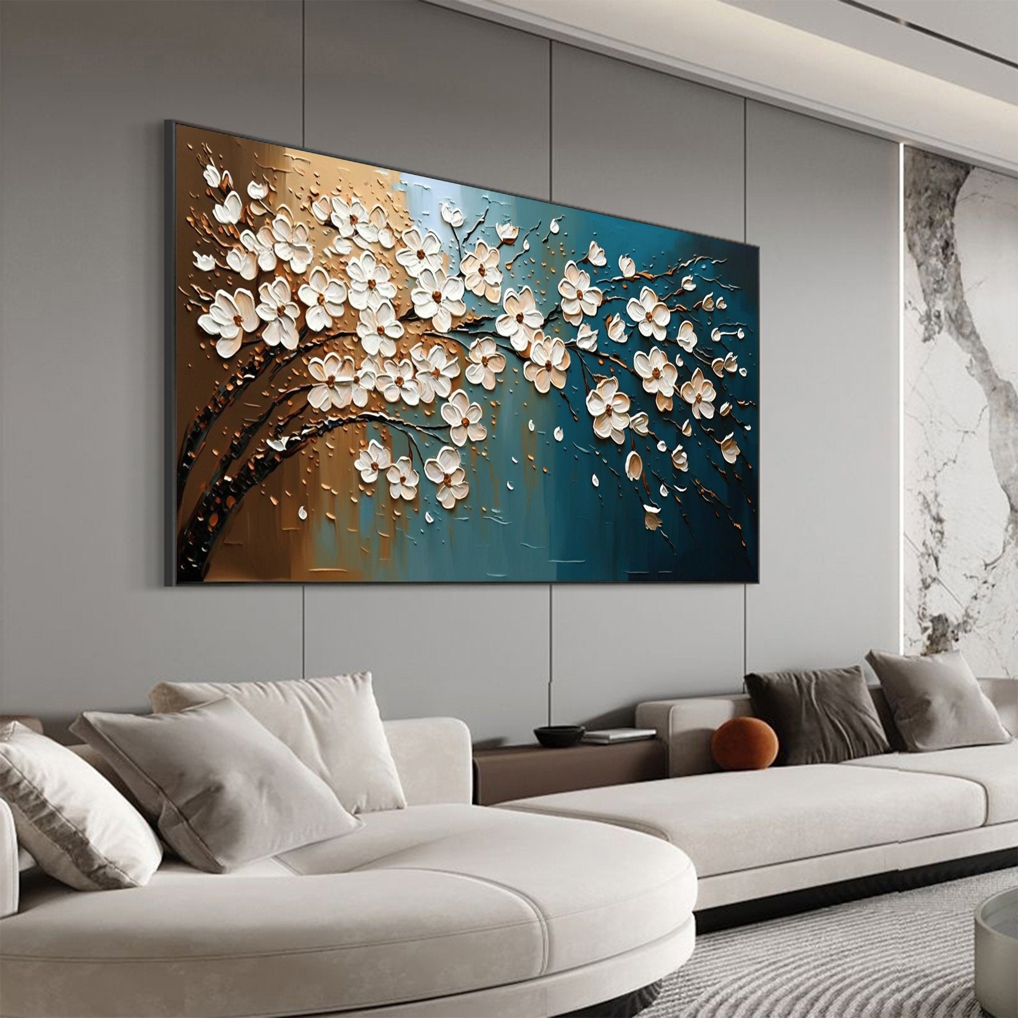 Golden Blossoms – Modern Blue and Gold Tree Hand-Painted Floral Painting | Modern Luxury Botanical Bedroom & Living Room Art