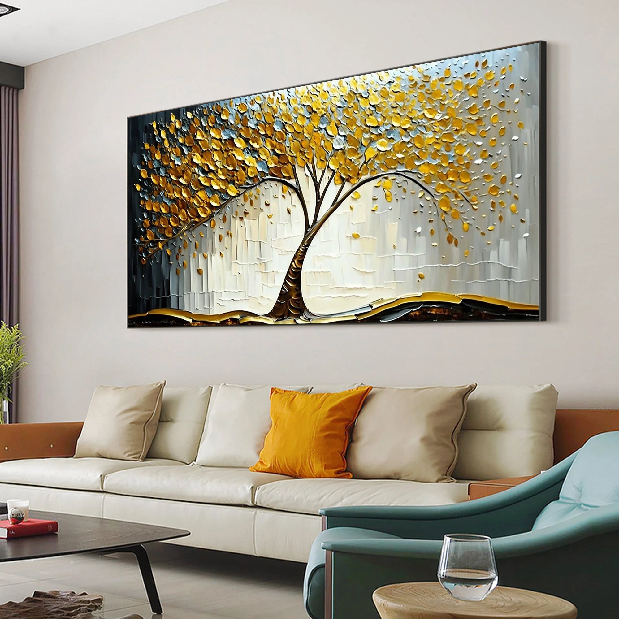Golden Prosperity – Modern Luxury Oil Painting | Impasto Gold Leaf Tree of Life Living Room Art