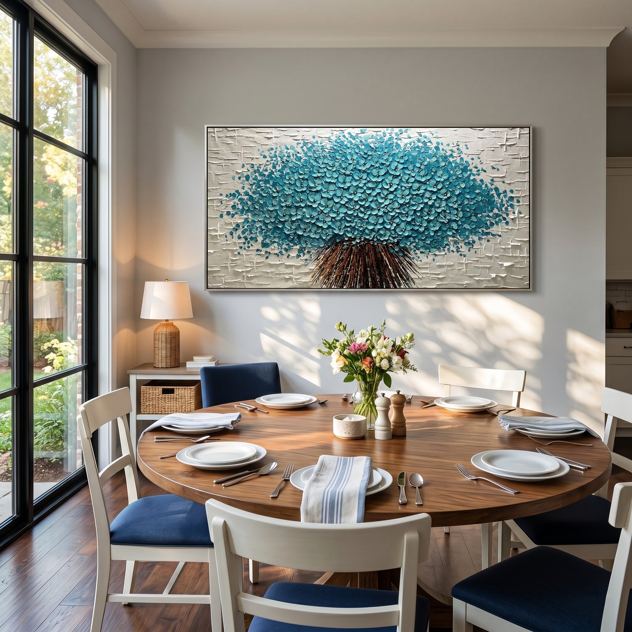 Cerulean Symphony – Modern Heavy Impasto Teal Bouquet | Sophisticated Horizontal Living Room Art