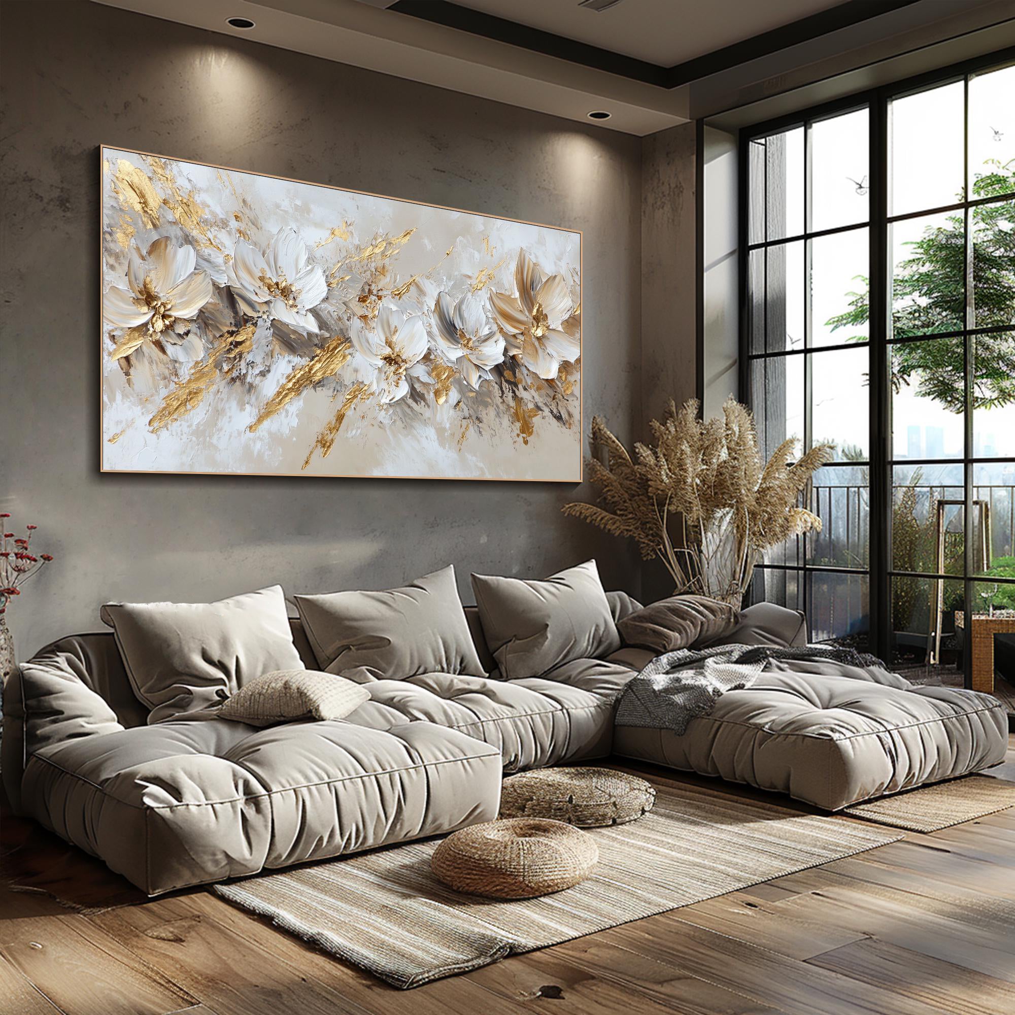 Divine Wings – Modern White & Gold Leaf Relief Floral Painting | Modern Luxury Botanical Bedroom & Living Room Art