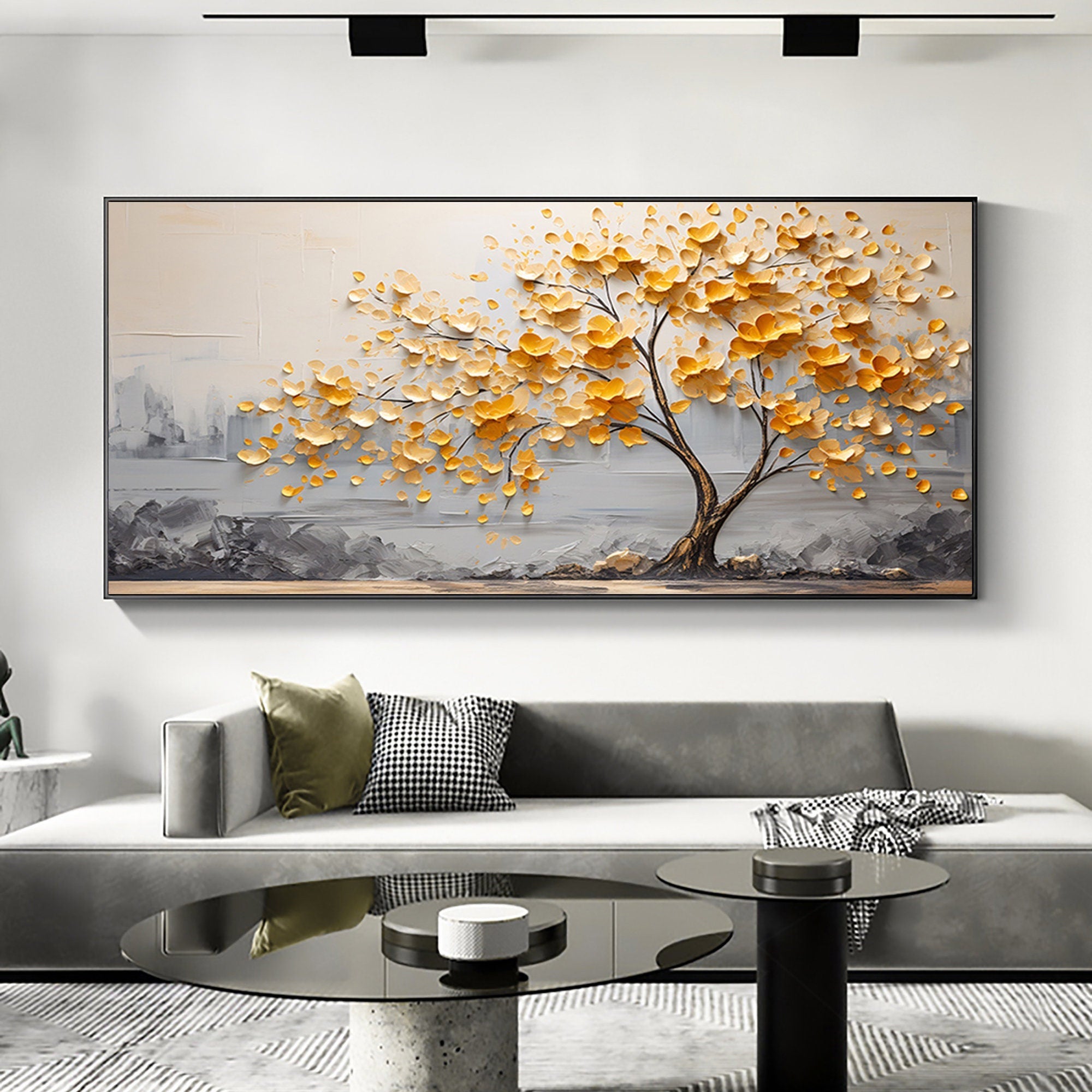 Golden Dawn – Yellow Blossom Relief on Grey Horizon Texture Painting | Modern Luxury Botanical Bedroom & Living Room Art
