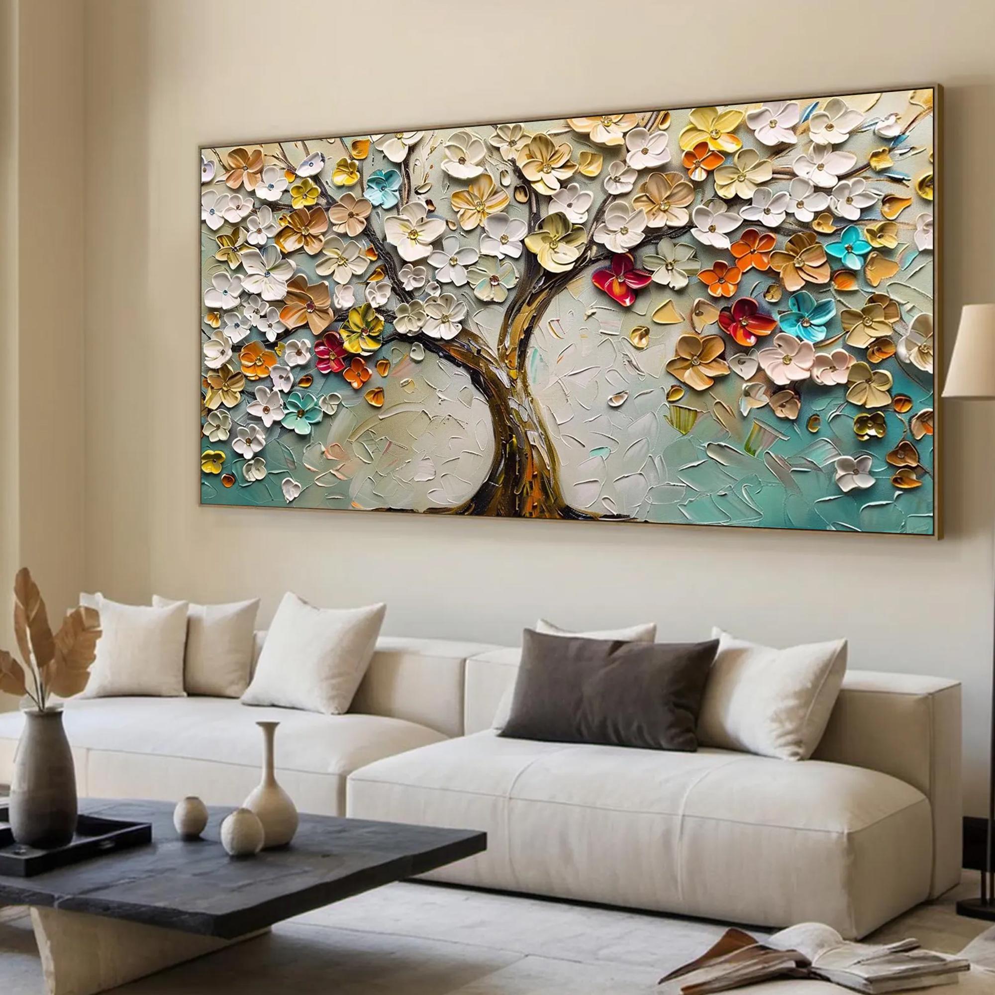 Blossom Symphony – Vibrant Floral Relief Texture Painting | Vibrant Botanical Living Room & Dining Room Art