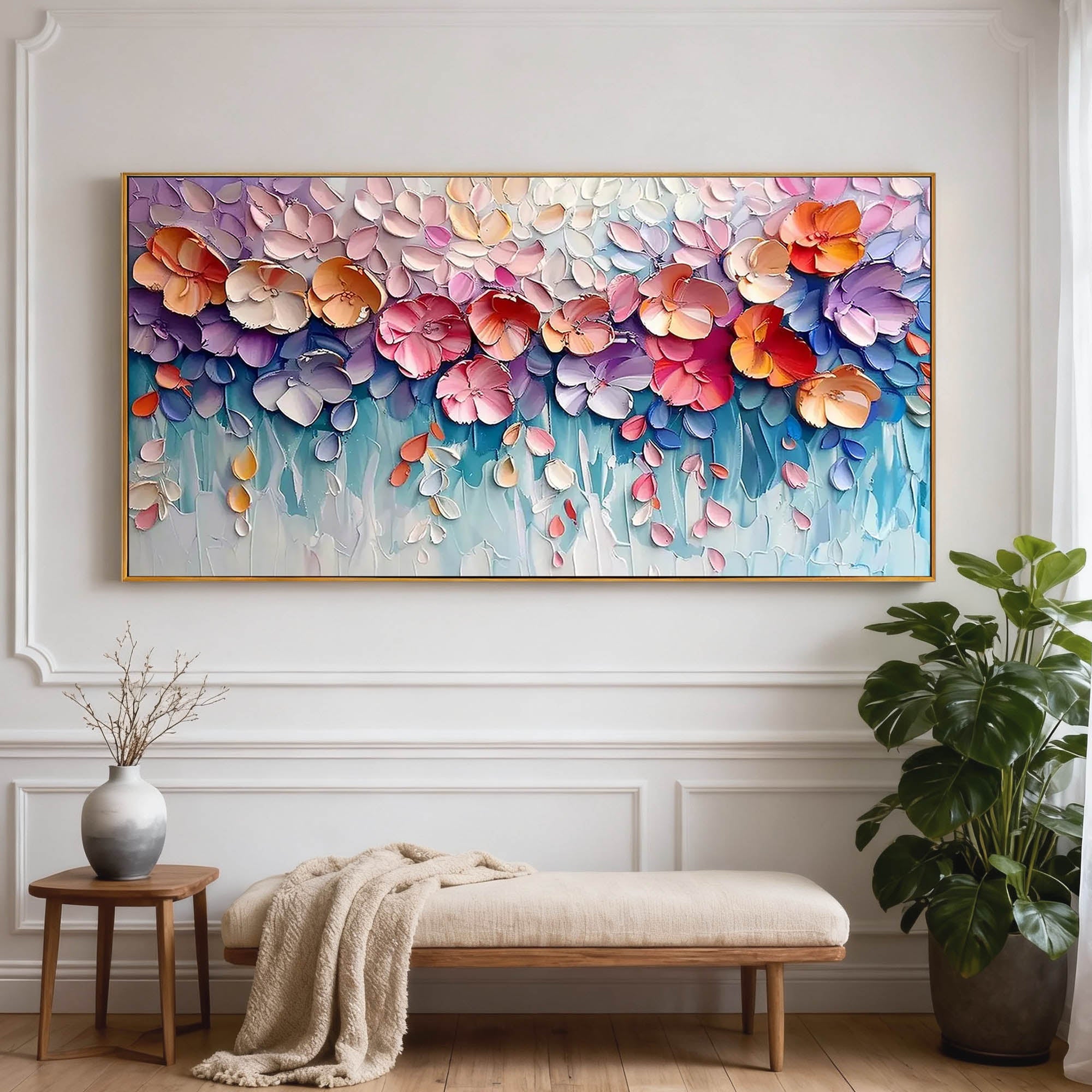 Flora’s Reverie – Modern 3D Impasto Pastel Floral Art | Romantic Living Room Horizontal Canvas
