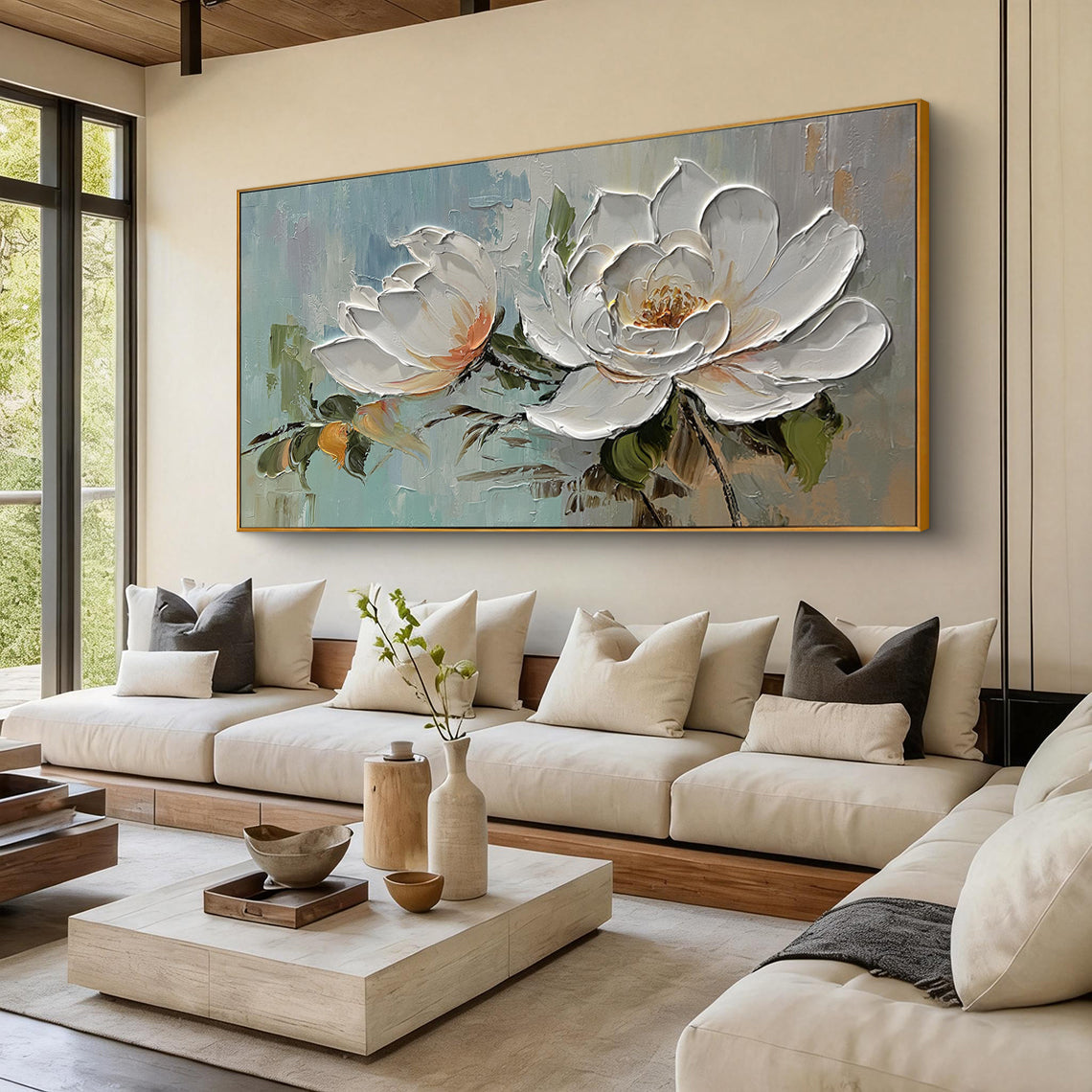 Magnolia Calm – Modern French Luxury Magnolia Floral Textured Painting | Large Horizontal Bedroom Art