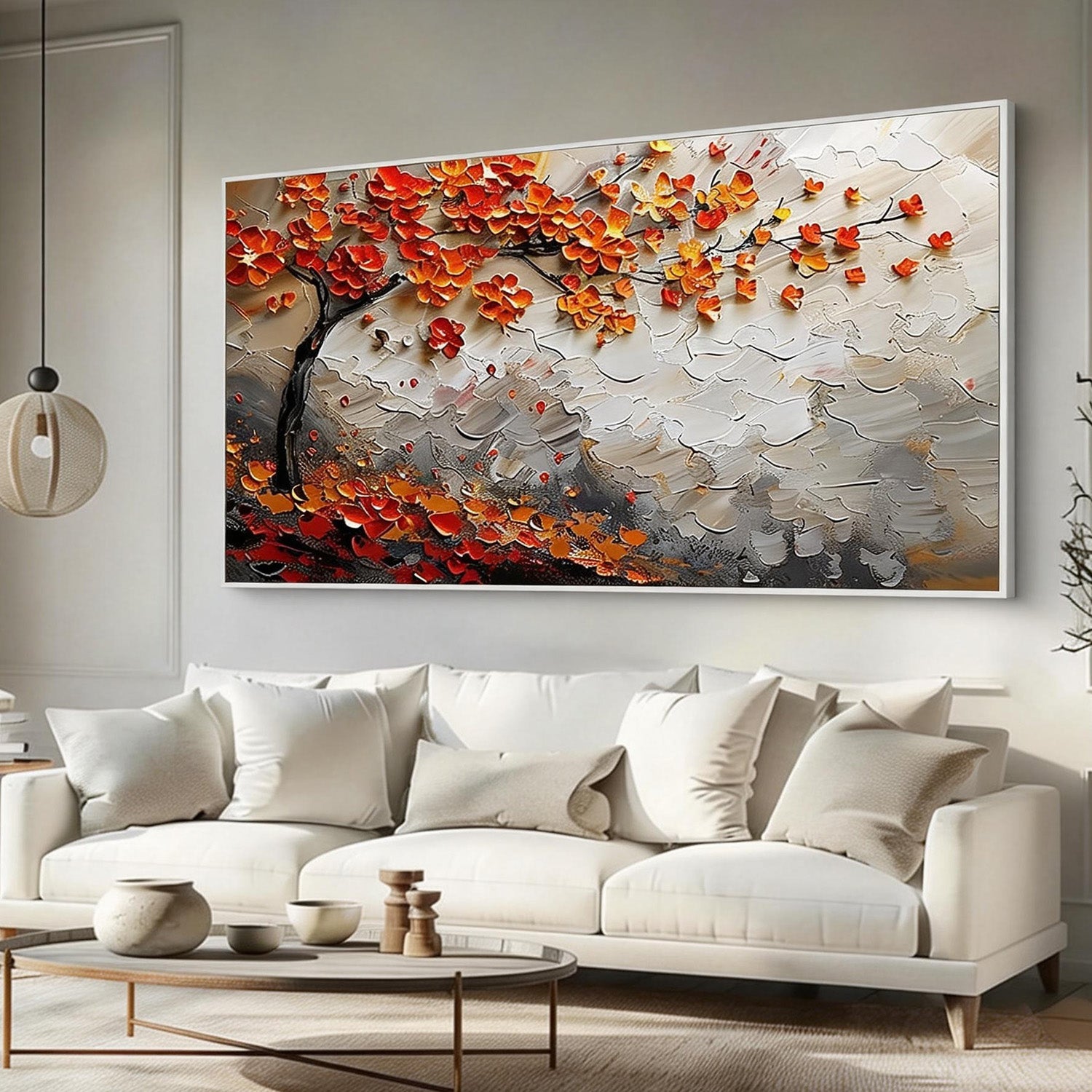 Autumn Anthem – Modern Orange and Crimson Blossom Tree Painting | Luxury Textured  Living Room Art