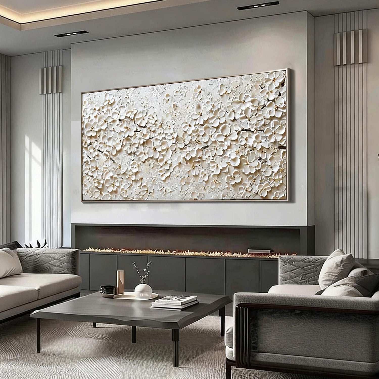 Champagne Melodies – Luxury All-White Floral Heavy Textured Painting | Large Horizontal Living Room Art