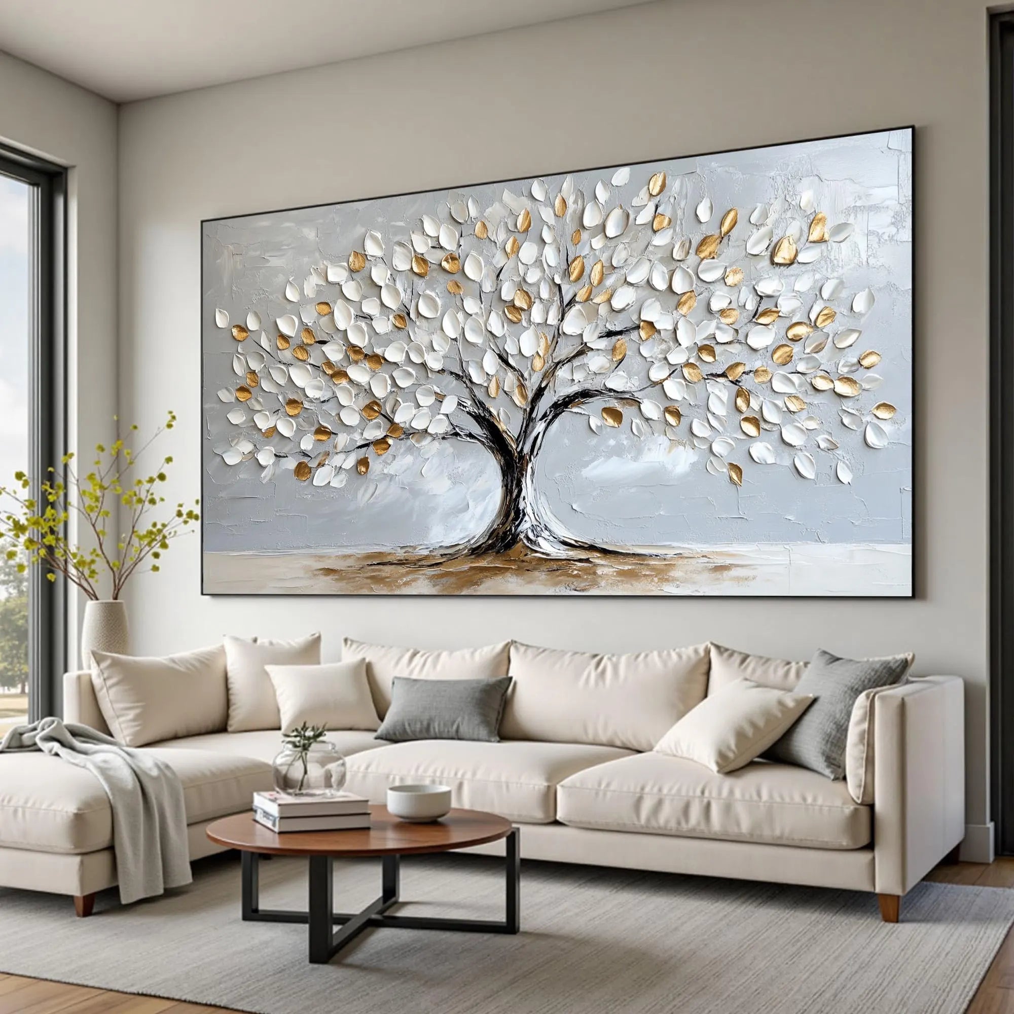 The Growth of Wealth – 3D Textured Tree of Life Painting | Modern Luxury Living Room Art
