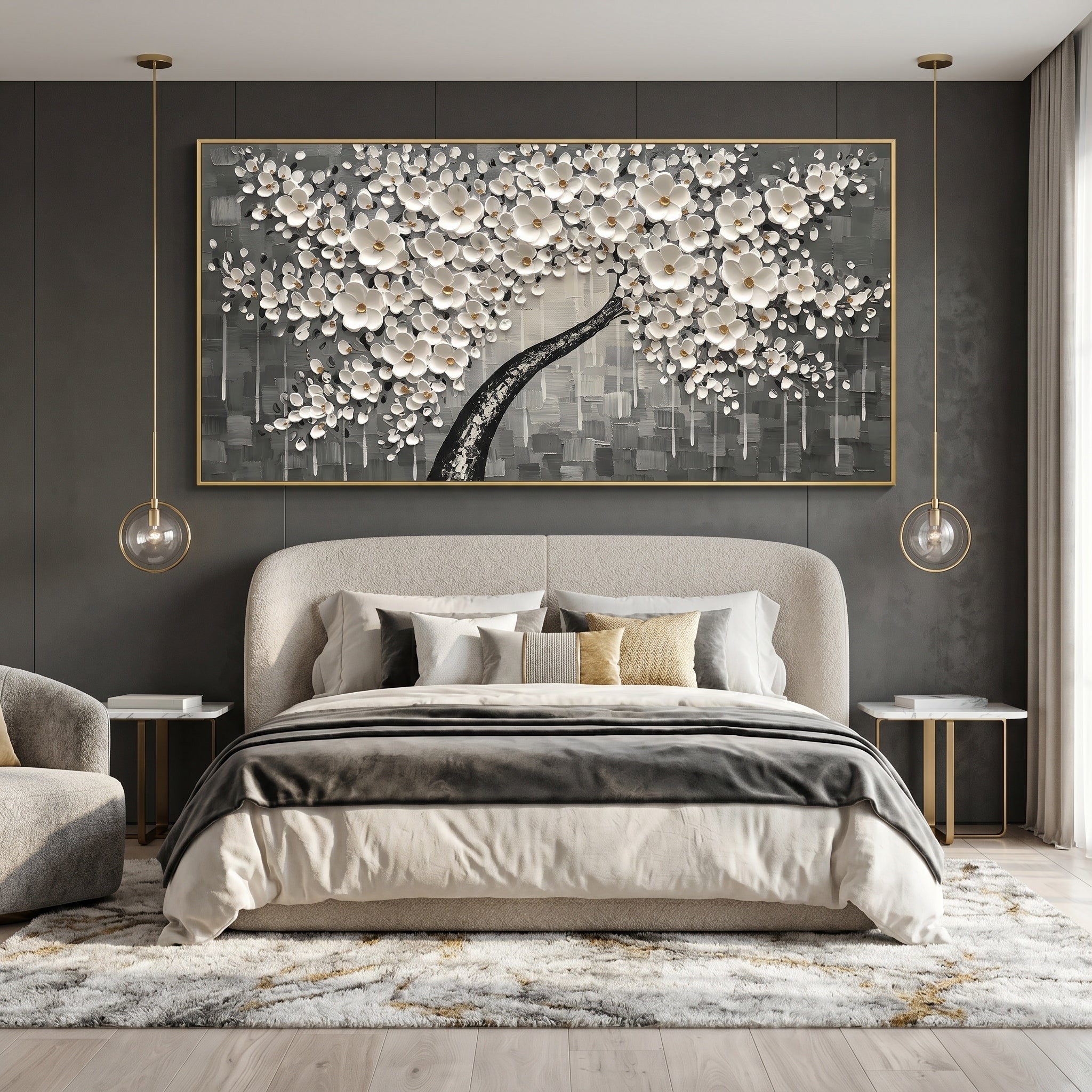 Alabaster Serenade – Modern Ash Grey Impasto White Flower Tree | Minimalist Wabi-Sabi Living Room Art