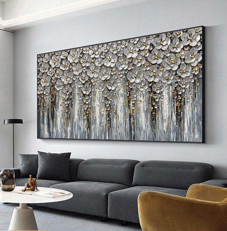 Silver Bloom – Luxury Blossom Relief Floral Painting | Contemporary Botanical Bedroom & Living Room Art