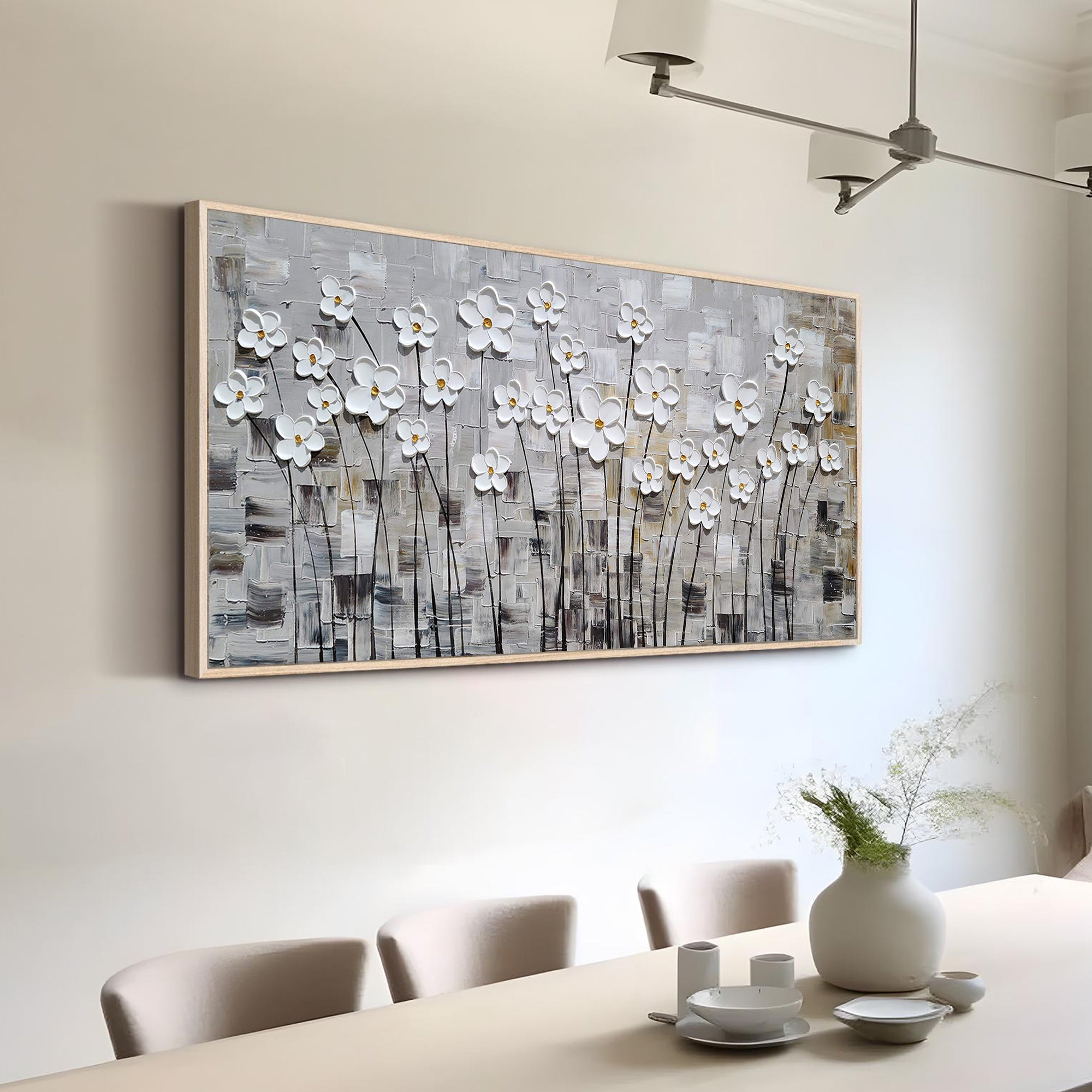 Modern Meadow – White Daisy Grid Relief Impasto Floral Painting | Contemporary Botanical Bedroom & Living Room Art