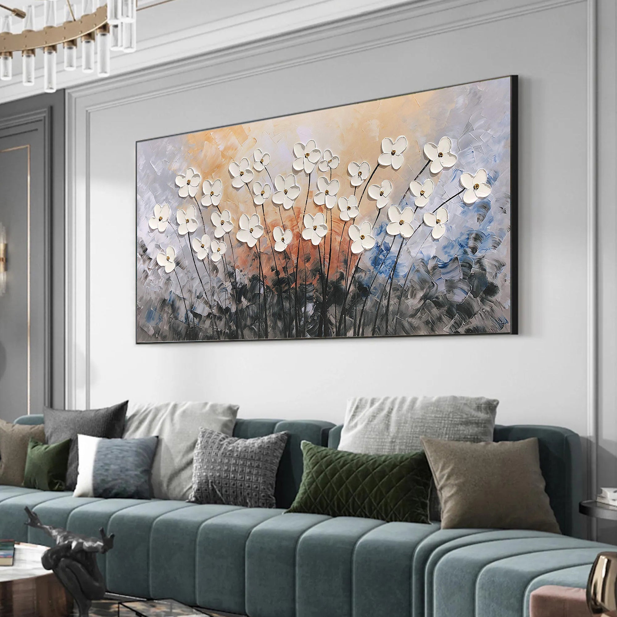 Amber Radiance – Sunset Background Flower Relief Floral Painting | Contemporary Botanical Bedroom & Living Room Art