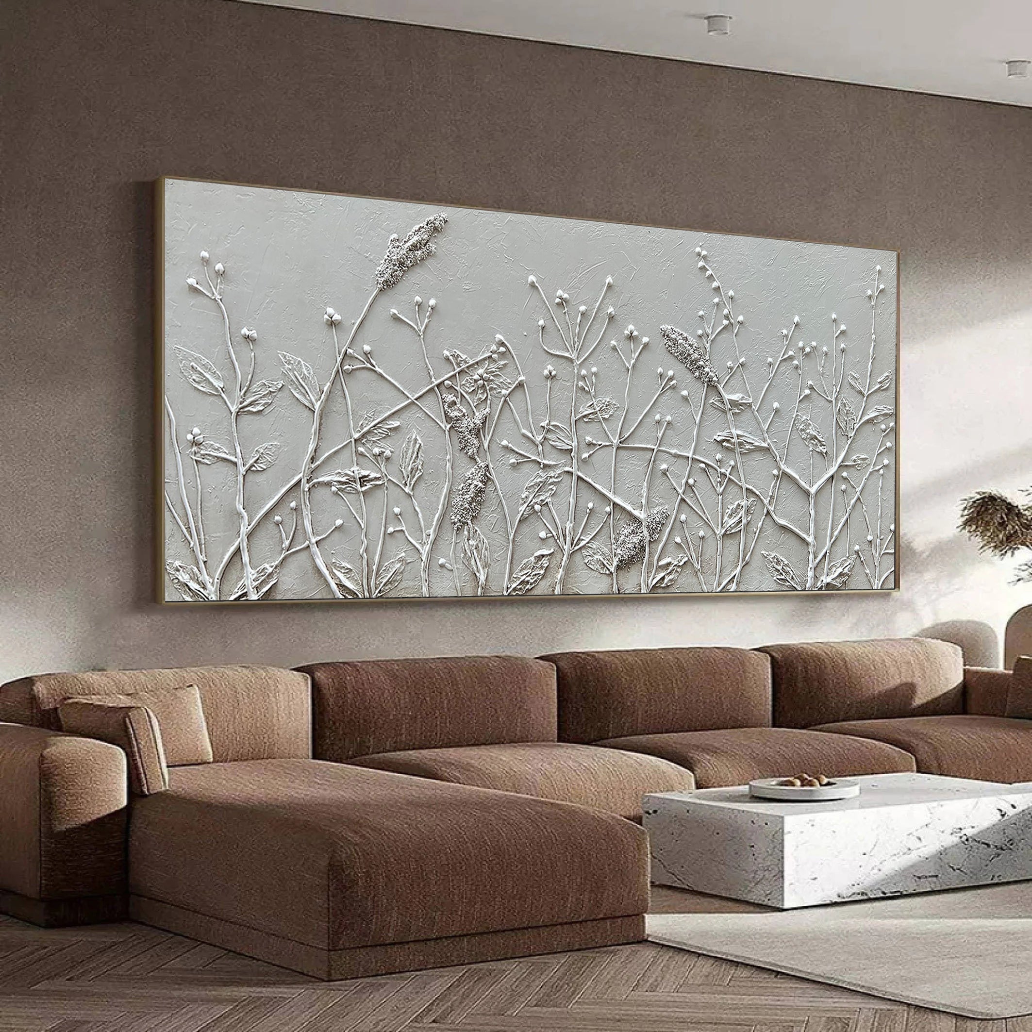Meadow Breeze – White Botanical Relief Floral Painting | Contemporary Botanical Bedroom & Living Room Art