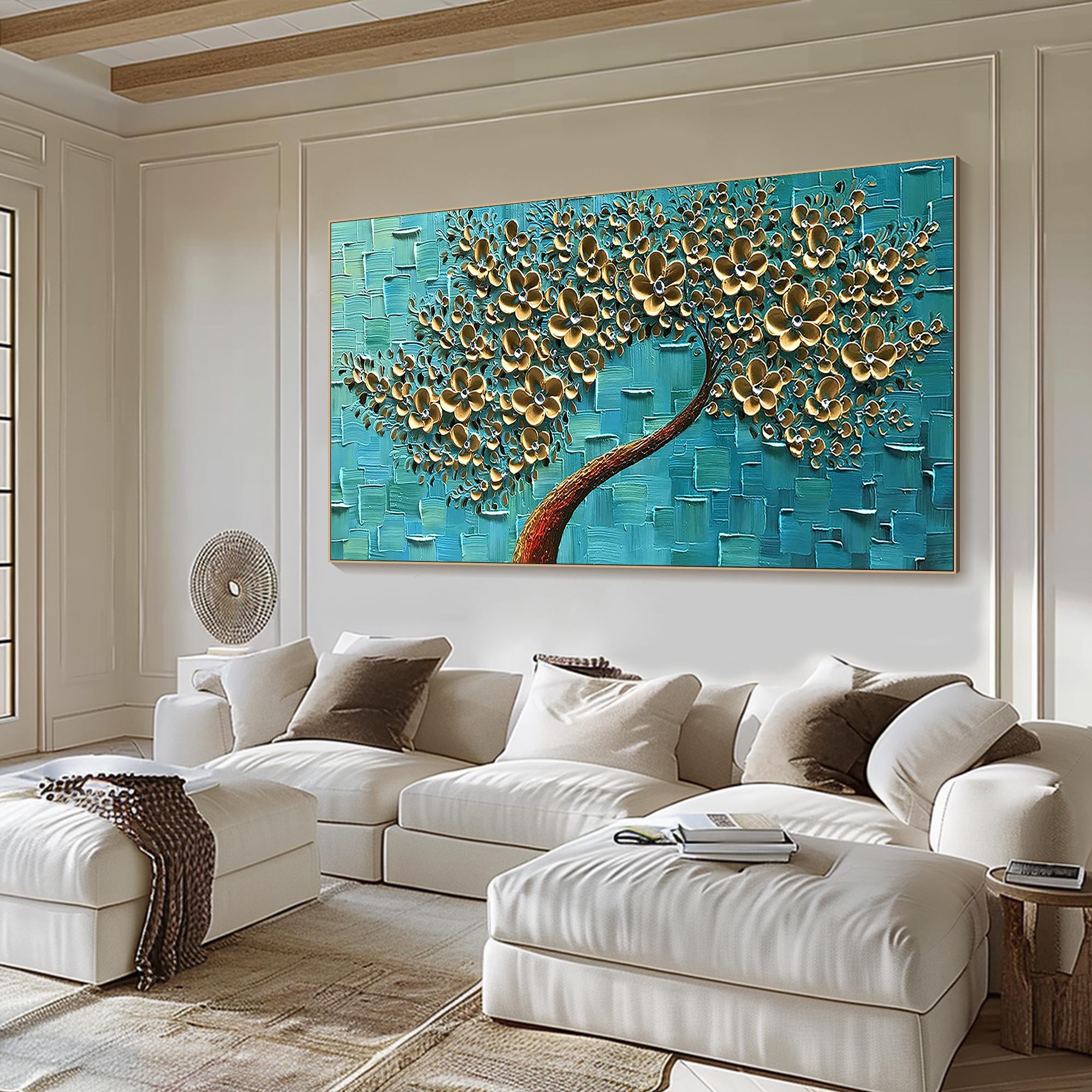 Teal Radiance – Gold Leaf Flower Relief Texture Painting | Modern Luxury Botanical Bedroom & Living Room Art