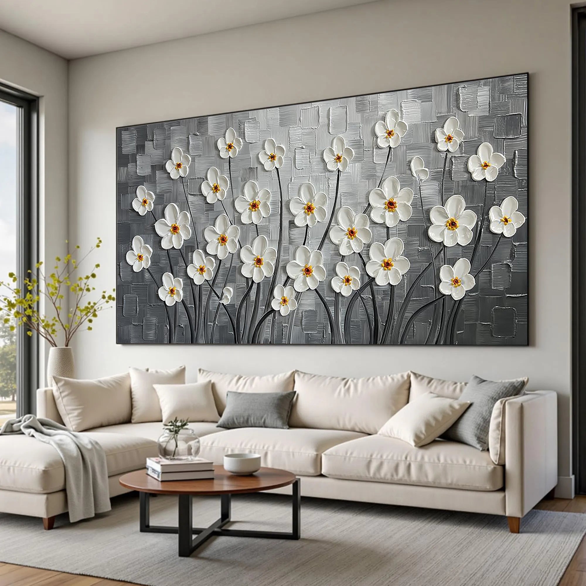 Silver Bloom – White Flower Relief Floral Painting | Contemporary Botanical Bedroom & Living Room Art
