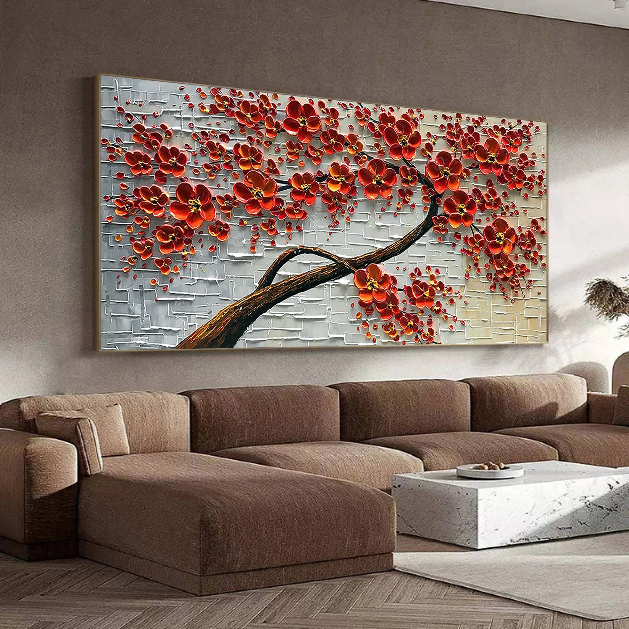 Crimson Blossom – Red Flower Tree Relief Floral Painting | Contemporary Botanical Bedroom & Living Room Art
