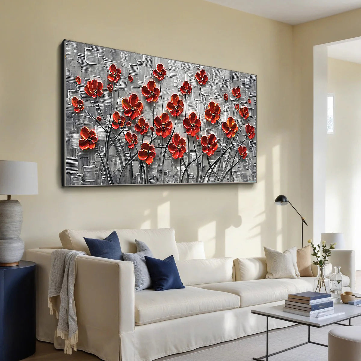 Scarlet Petals – Vibrant Red Flower Relief Floral Painting | Vibrant Botanical Living Room & Dining Room Art