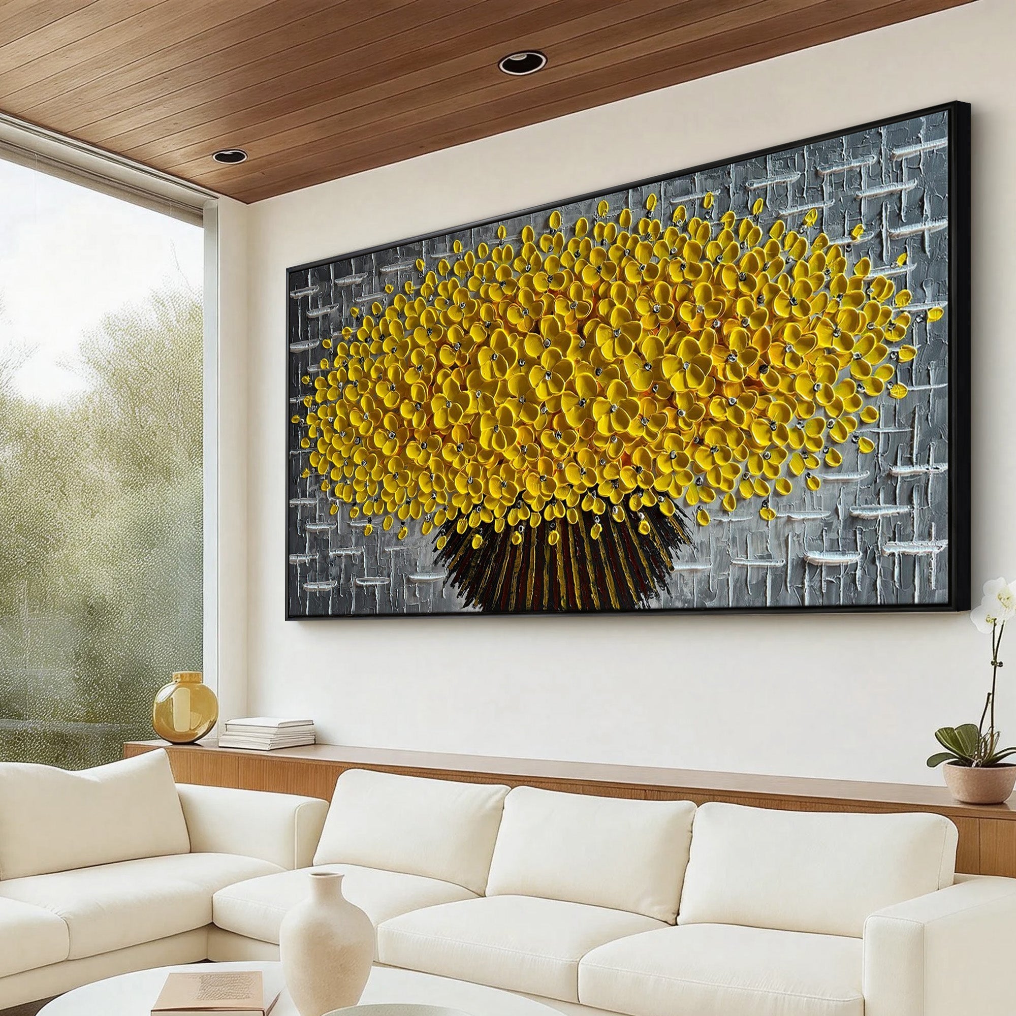 Golden Glow – Luxury Yellow Flower Tree Relief Floral Painting | Modern Luxury Botanical Bedroom & Living Room Art