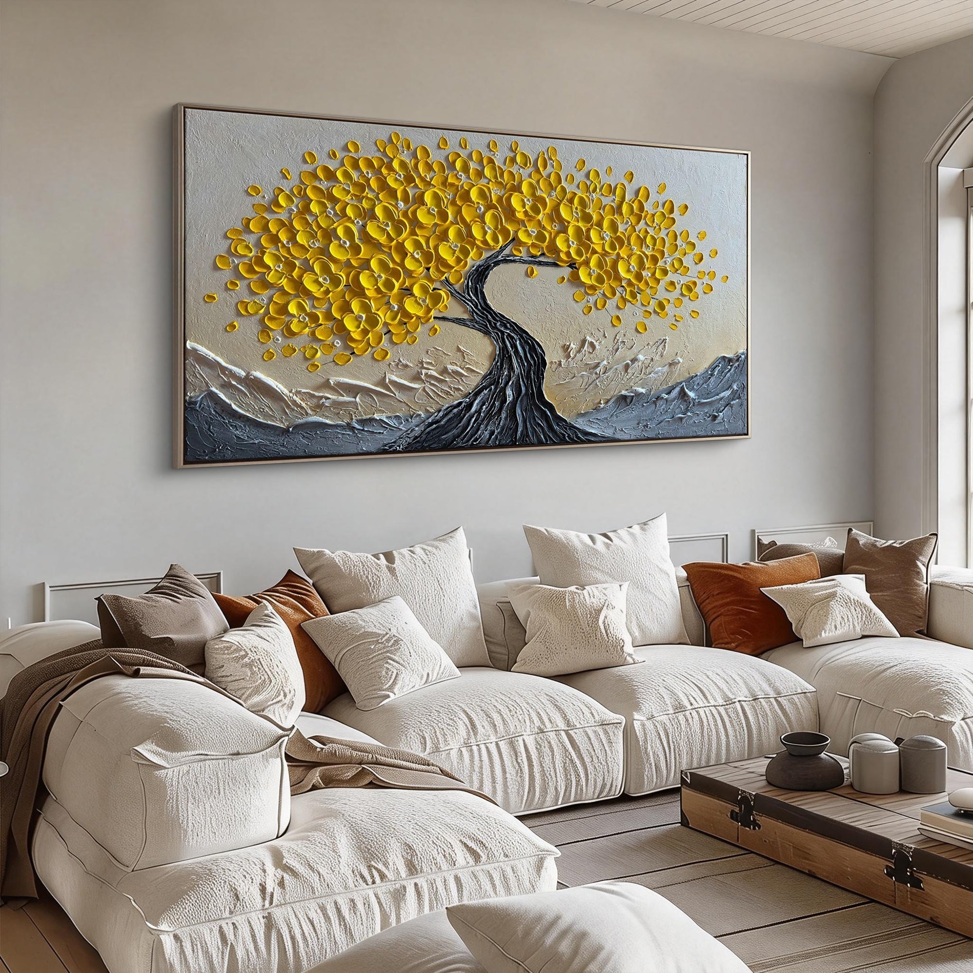 Golden Vigor – Yellow Flower Relief Texture Painting | Modern Luxury Botanical Bedroom & Living Room Art