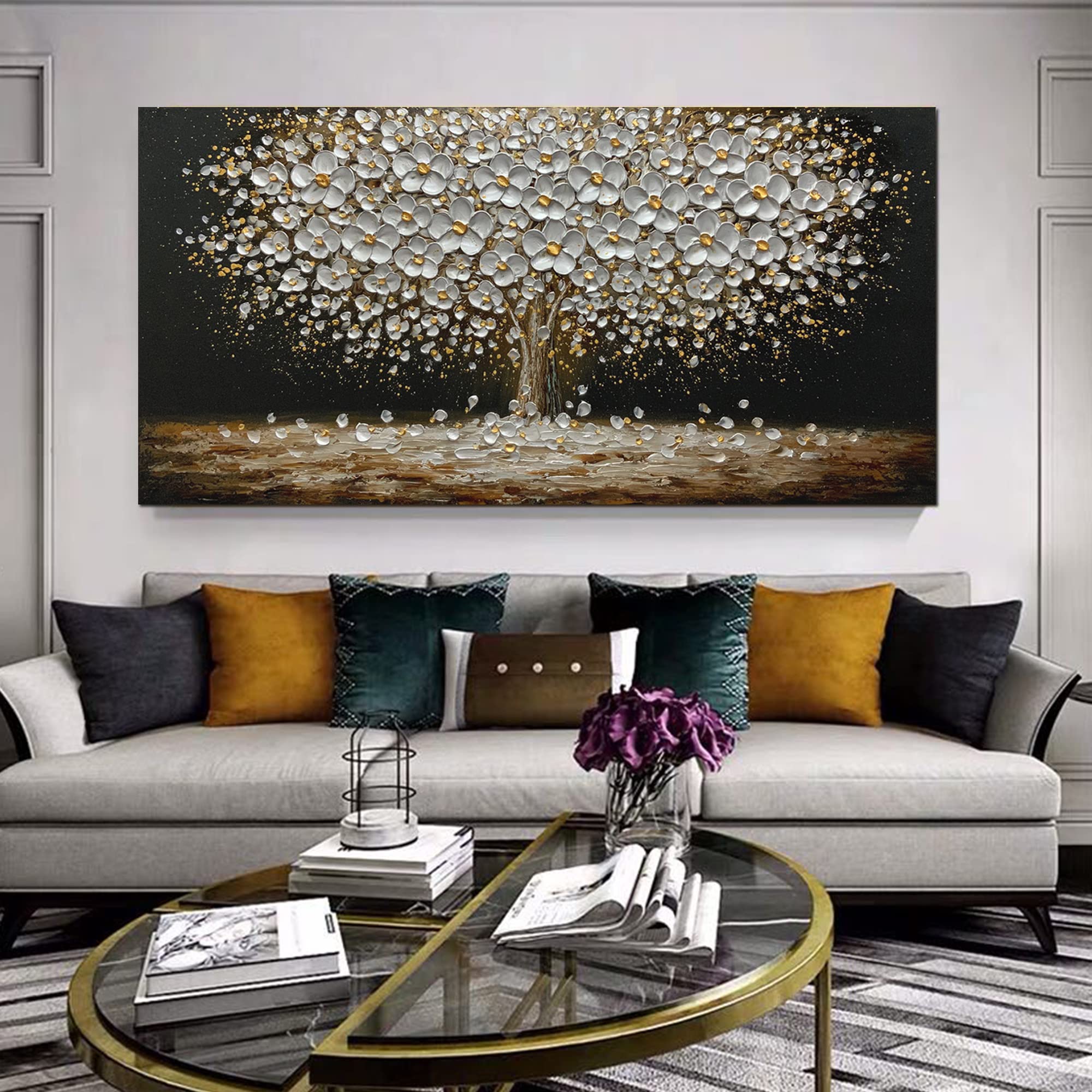 Golden Glow – Black and Gold Flower Tree Floral Painting | Modern Luxury Botanical Bedroom & Living Room Art