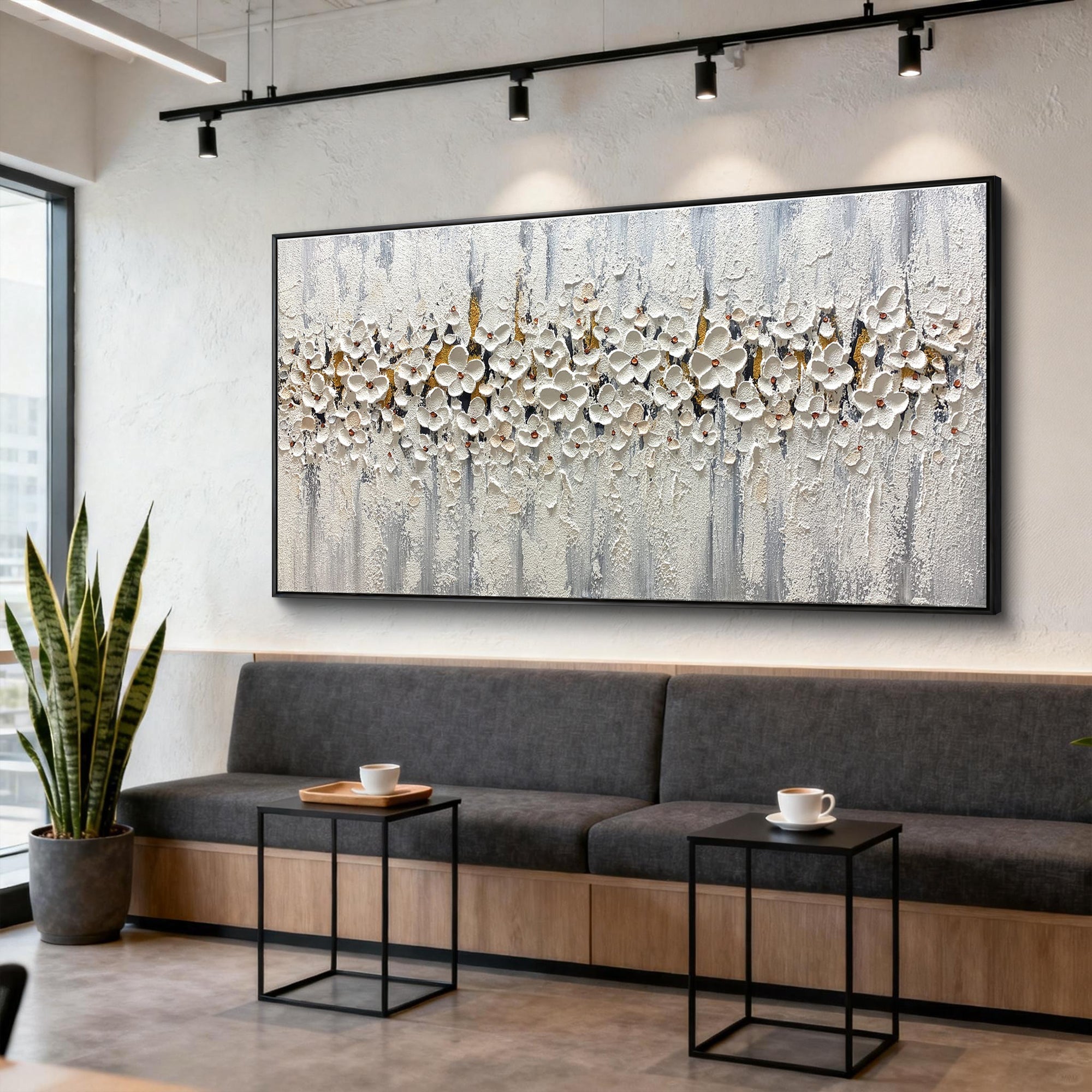 White Night Symphony – Modern Heavy Impasto White Flowers Painting | Luxury Panoramic Living Room Art