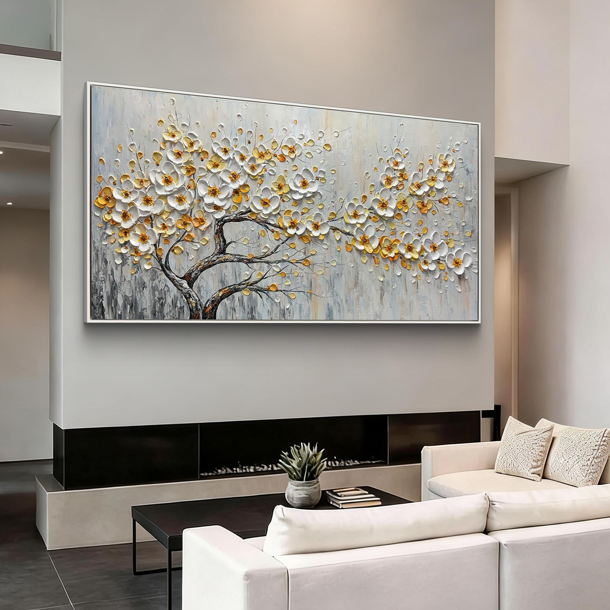 Gilded Blossom – Modern Heavy Textured Floral Painting | Luxury Horizontal Living Room Art